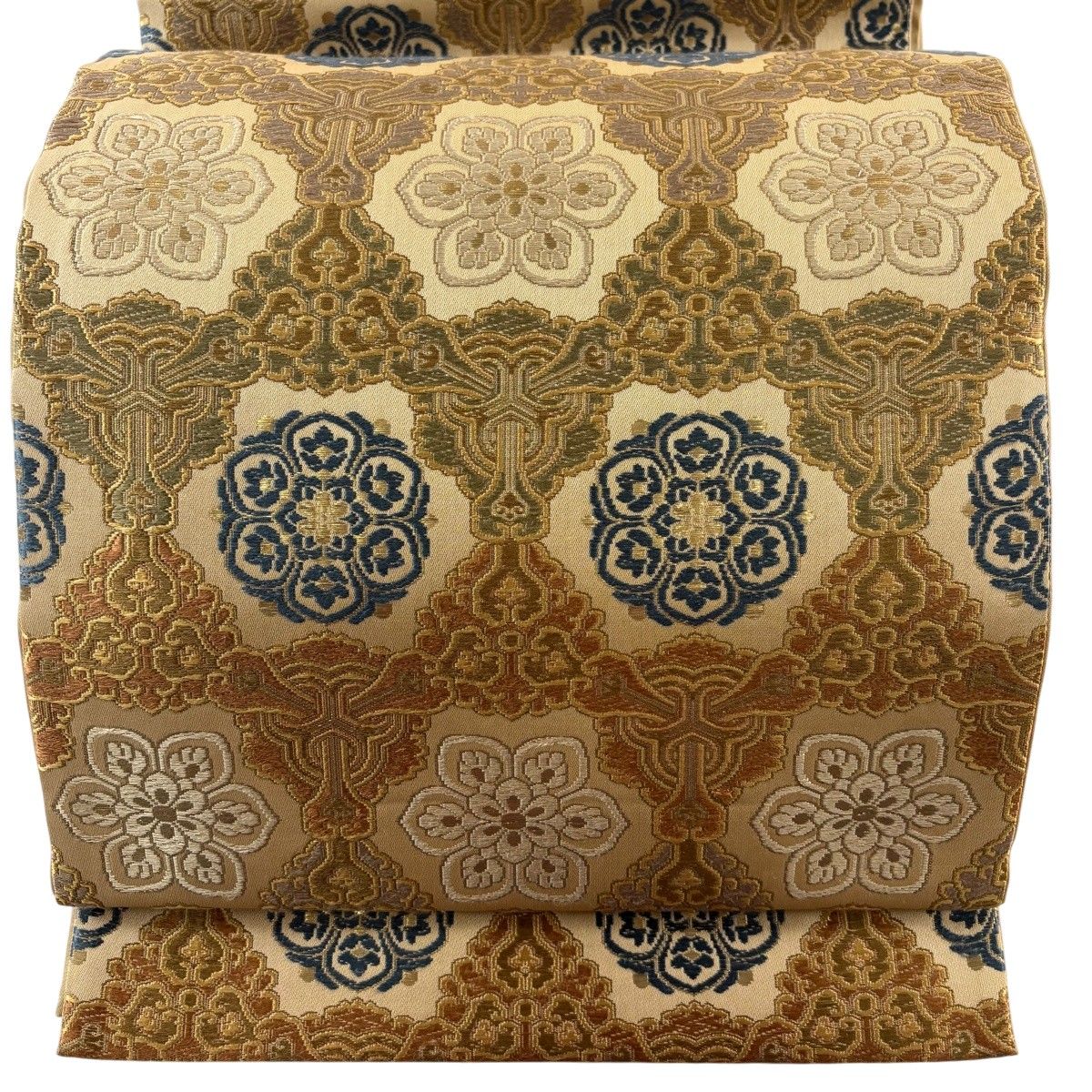 袋帯 秀品 華文 幾何学模様 箔 黄土色 六通 正絹