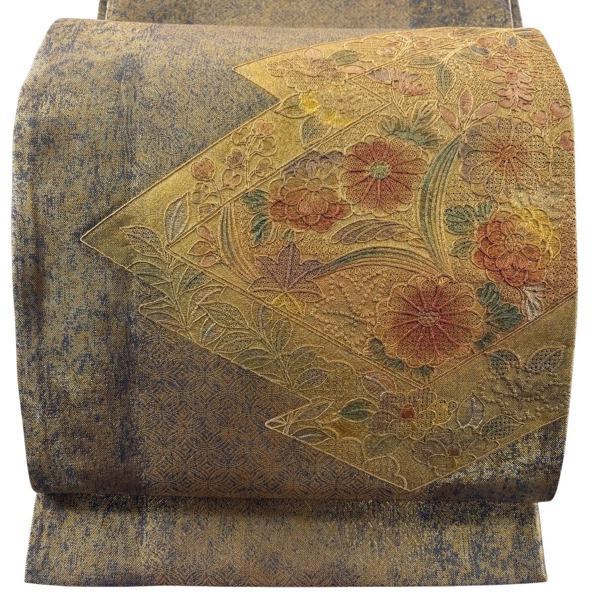 袋帯 秀品 草花 菊 刺繍 金彩 金色 お太鼓柄 正絹