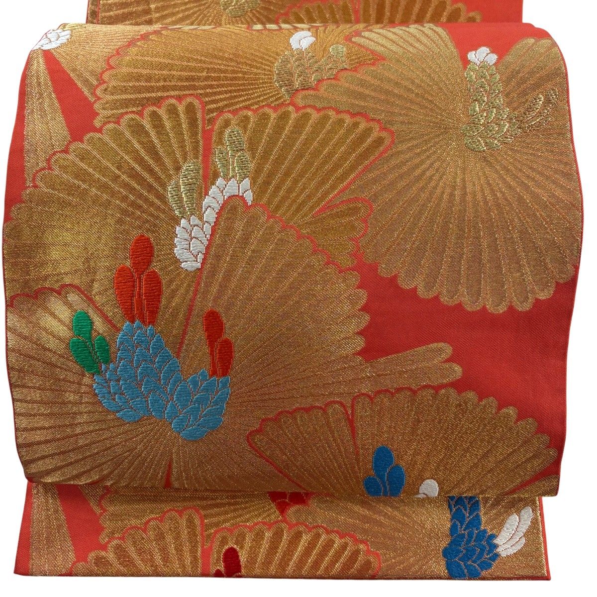 袋帯 秀品 川島織物 落款 若松 金糸 箔 朱色 全通 正絹