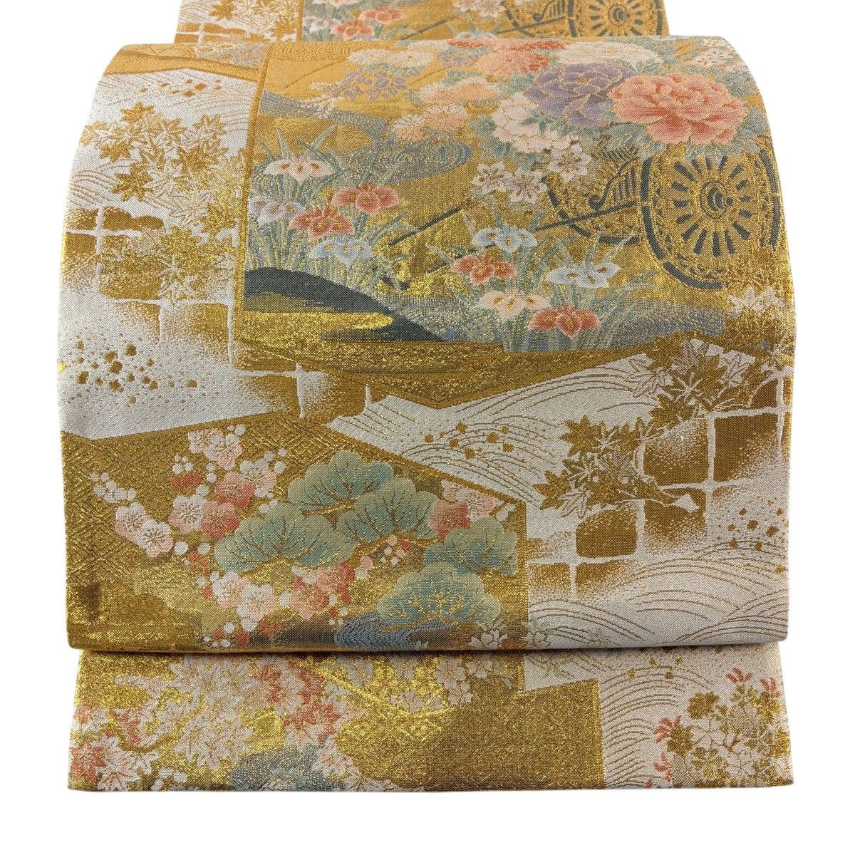 袋帯 秀品 花車 鴛鴦 金糸 箔 ベージュ 六通 正絹