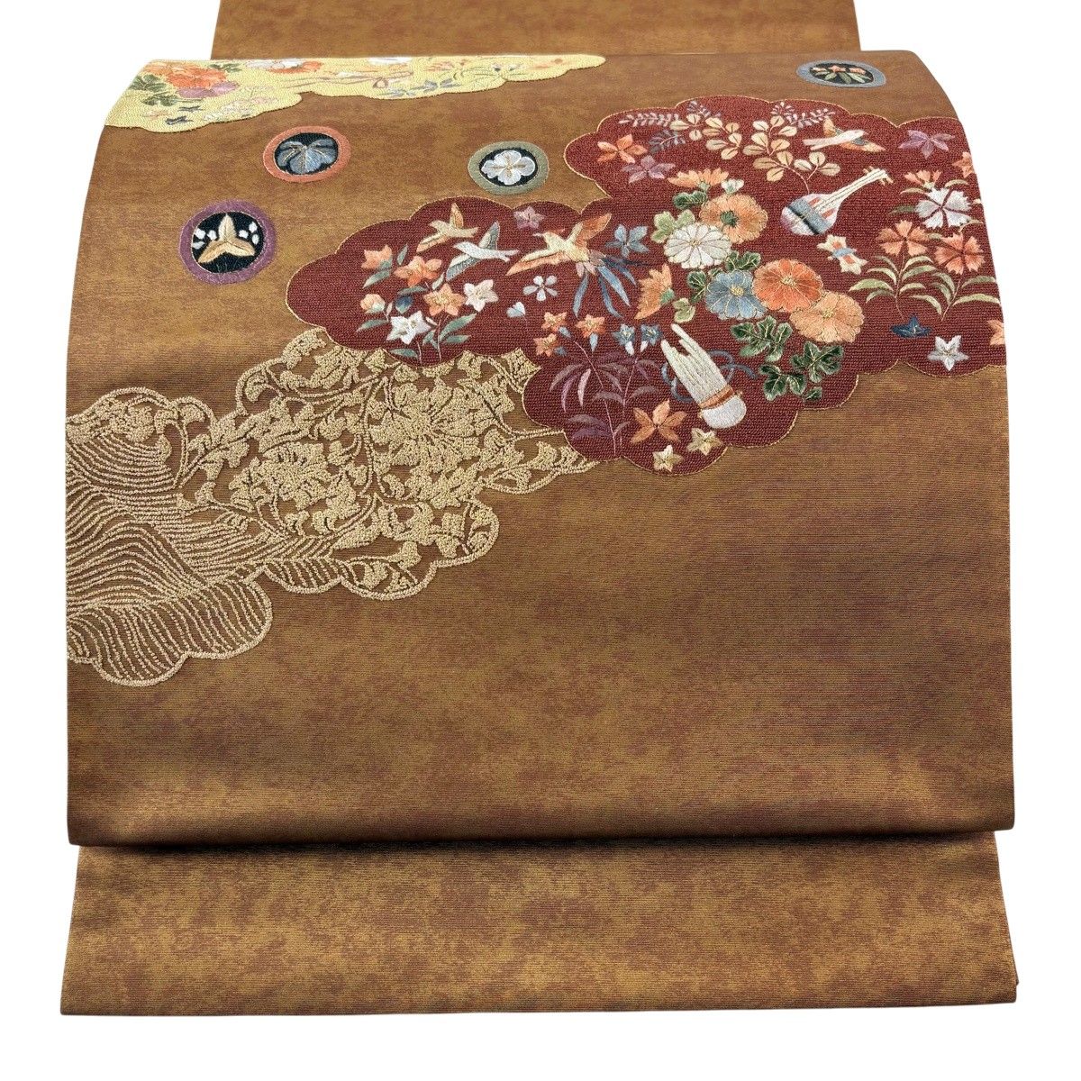 袋帯 秀品 花鳥 雲文 金糸 刺繍 茶色 お太鼓柄 正絹