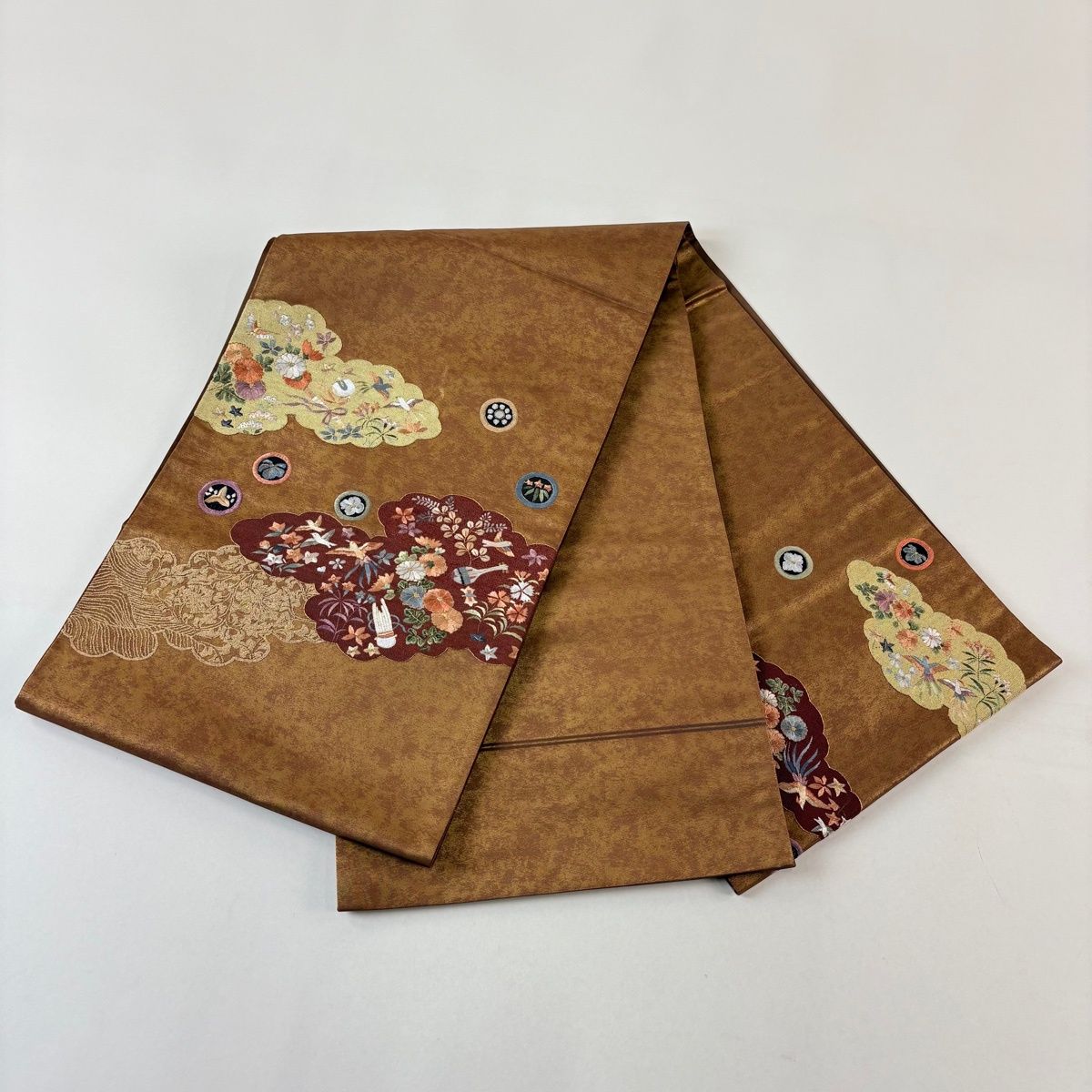  袋帯 秀品 花鳥 雲文 金糸 刺繍 茶色 お太鼓柄 正絹 袋帯 帯