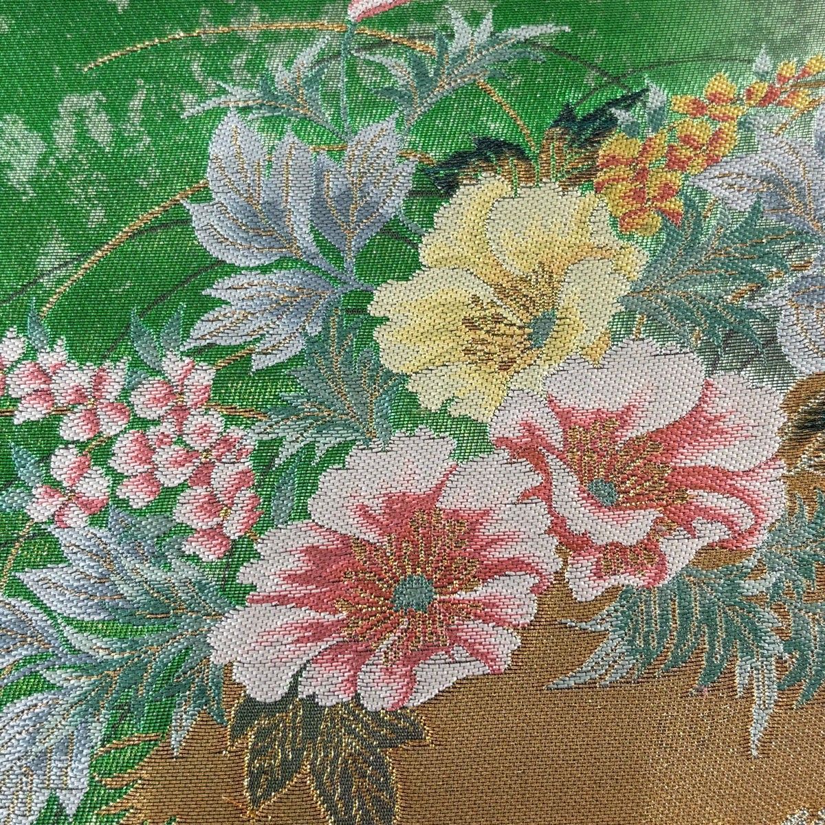 袋帯 秀品 振袖向き 草花 金糸 箔 緑 六通 正絹
