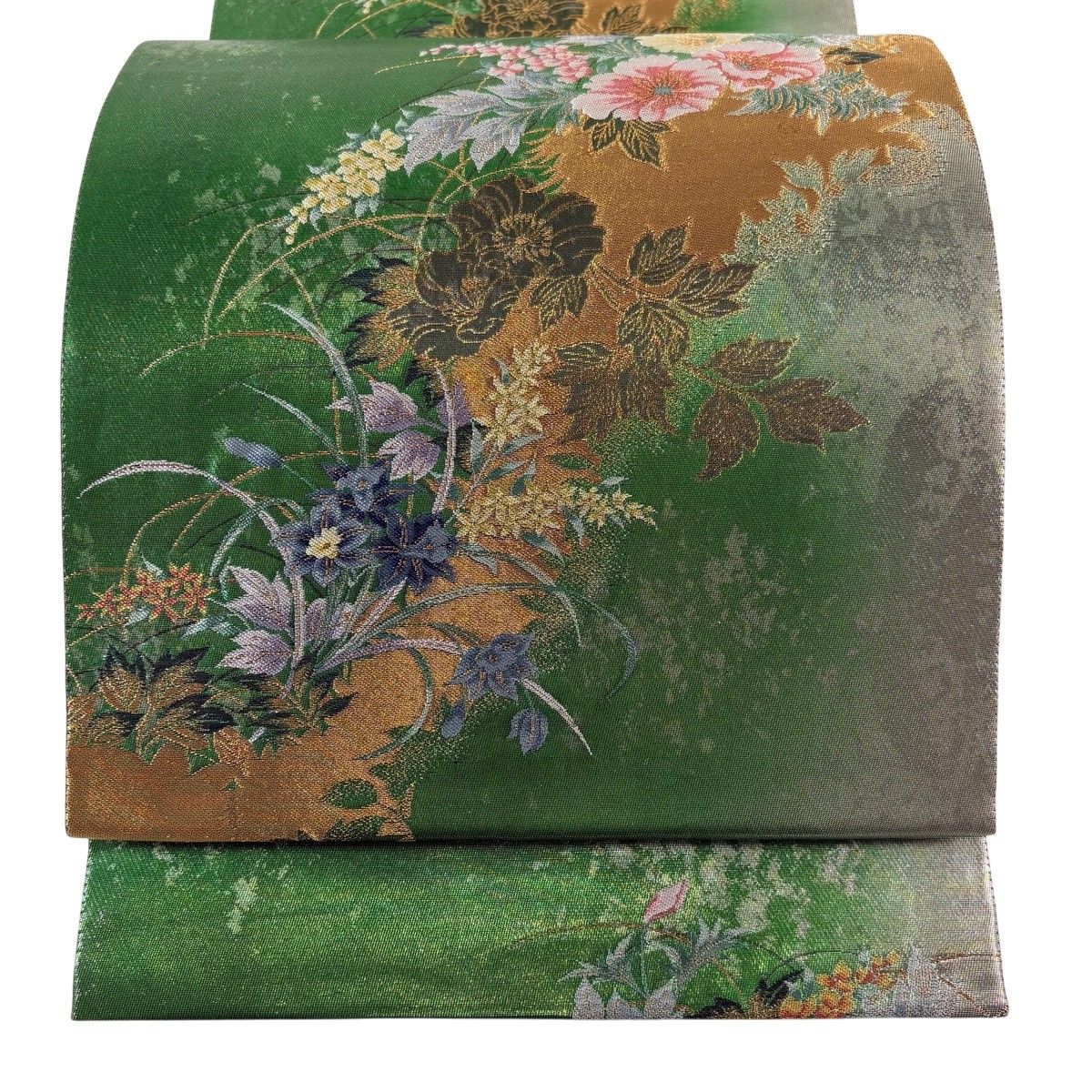 袋帯 秀品 振袖向き 草花 金糸 箔 緑 六通 正絹
