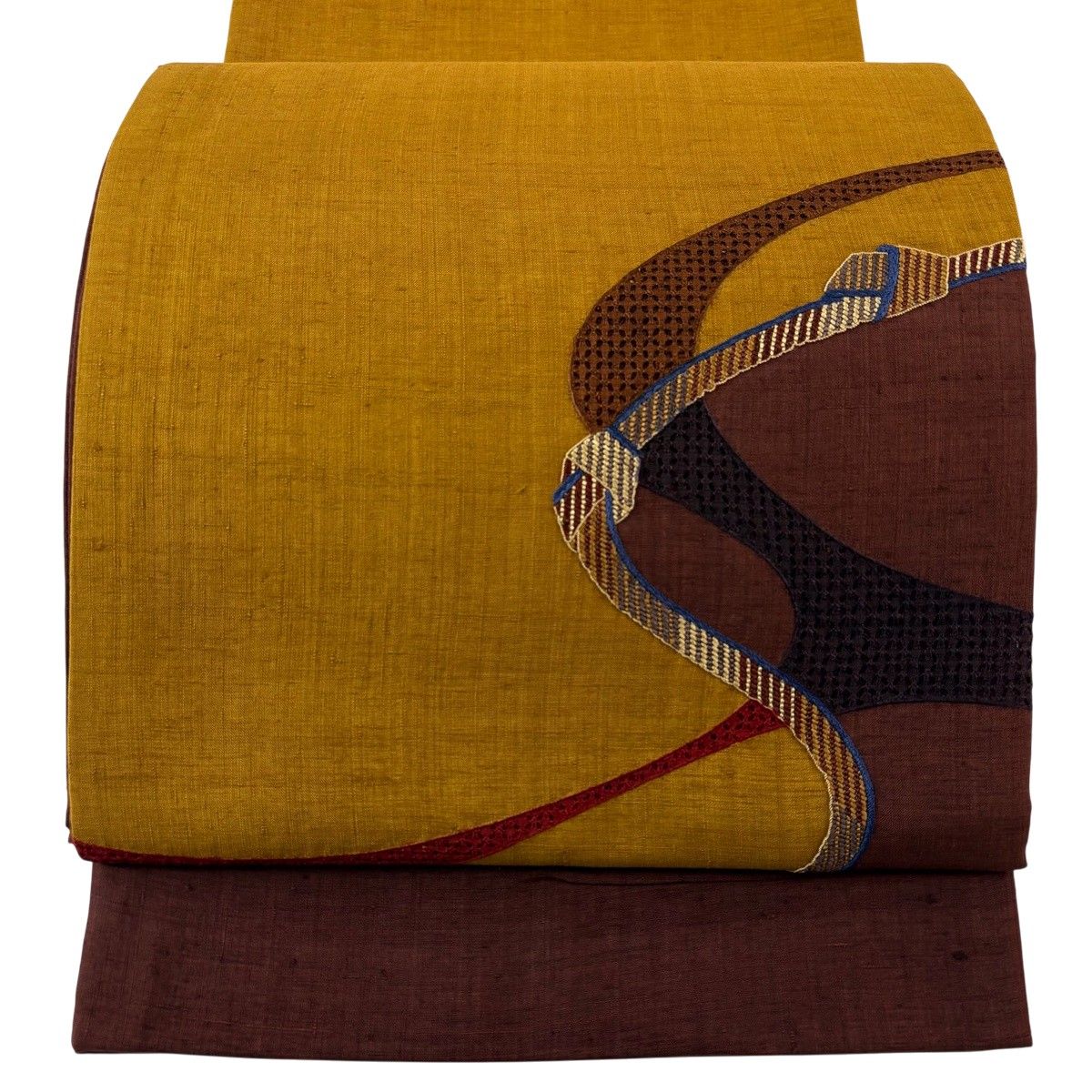 袋帯 秀品 紬地 紐 幾何学模様 刺繍 山吹茶色 お太鼓柄 正絹