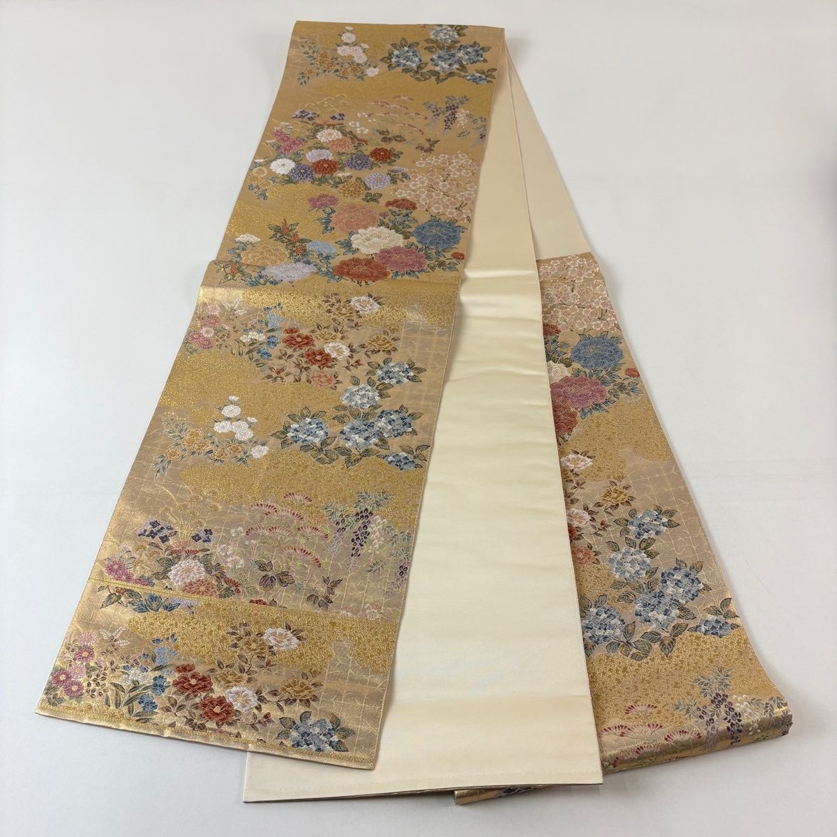  袋帯 秀品 関西仕立て 牡丹 草花 金糸 箔 金色 六通 正絹 袋帯 帯