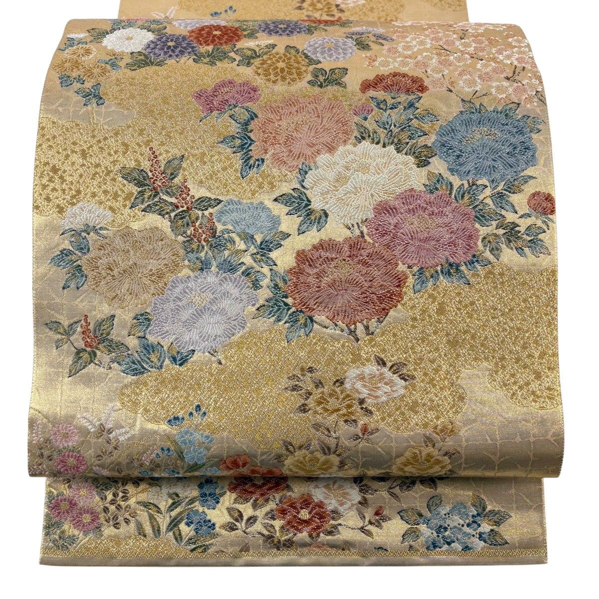 袋帯 秀品 関西仕立て 牡丹 草花 金糸 箔 金色 六通 正絹