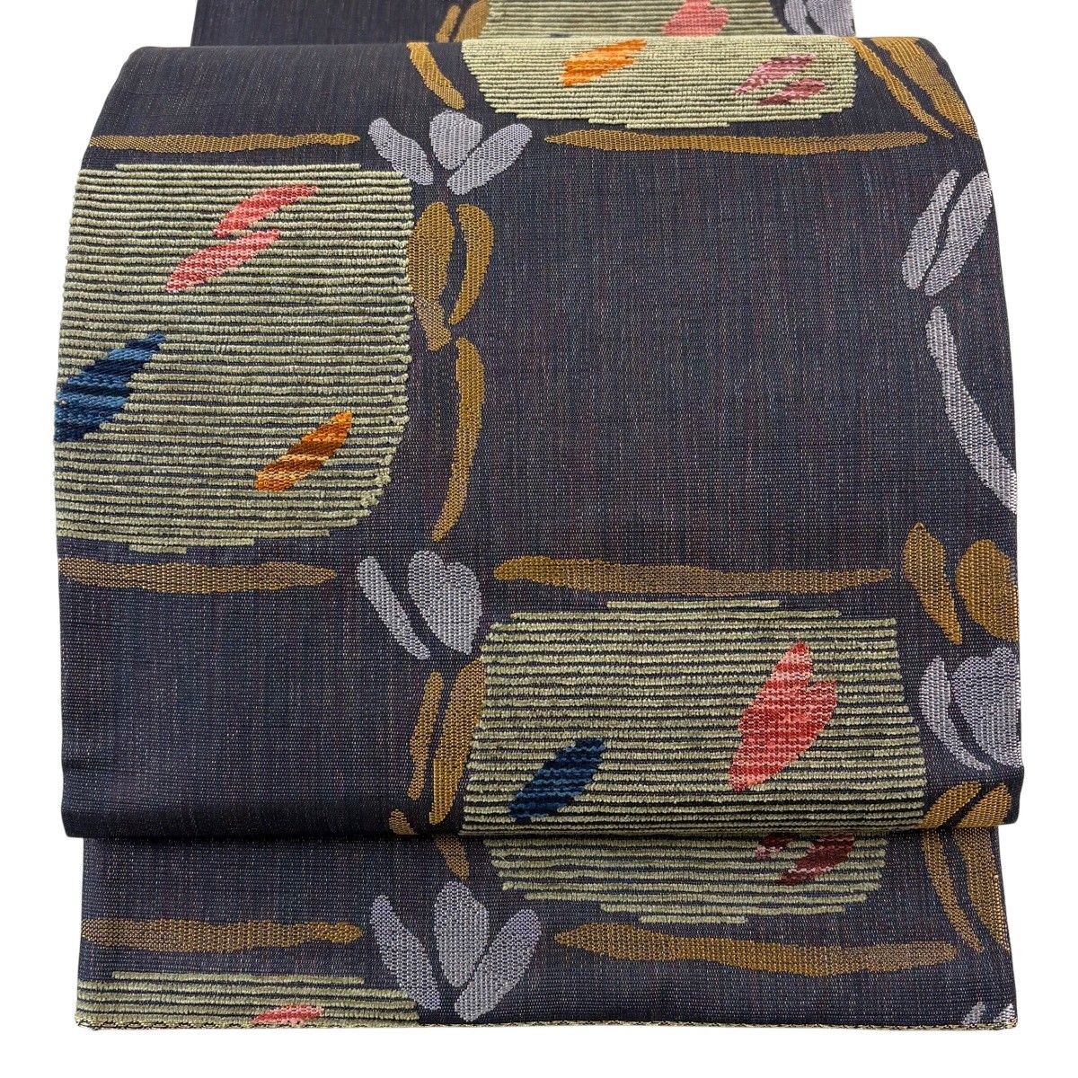 袋帯 秀品 縞 幾何学模様 銀糸 刺繍 濃紺 六通 正絹