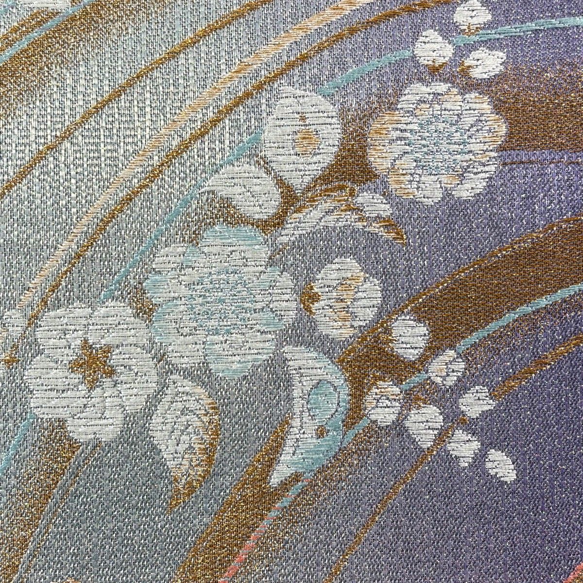 袋帯 秀品 草花 よろけ縞 金銀糸 箔 灰紫 六通 正絹