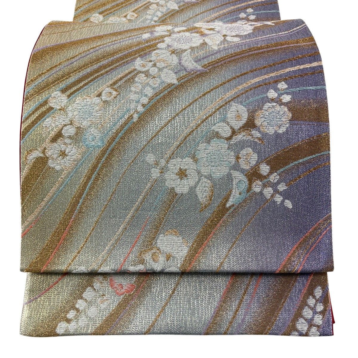 袋帯 秀品 草花 よろけ縞 金銀糸 箔 灰紫 六通 正絹