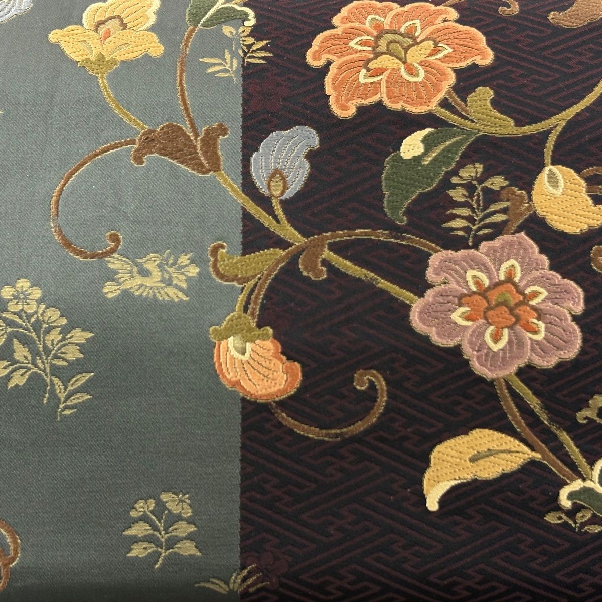 袋帯 秀品 花唐草 紗綾形 唐織 箔 茶緑色 六通 正絹