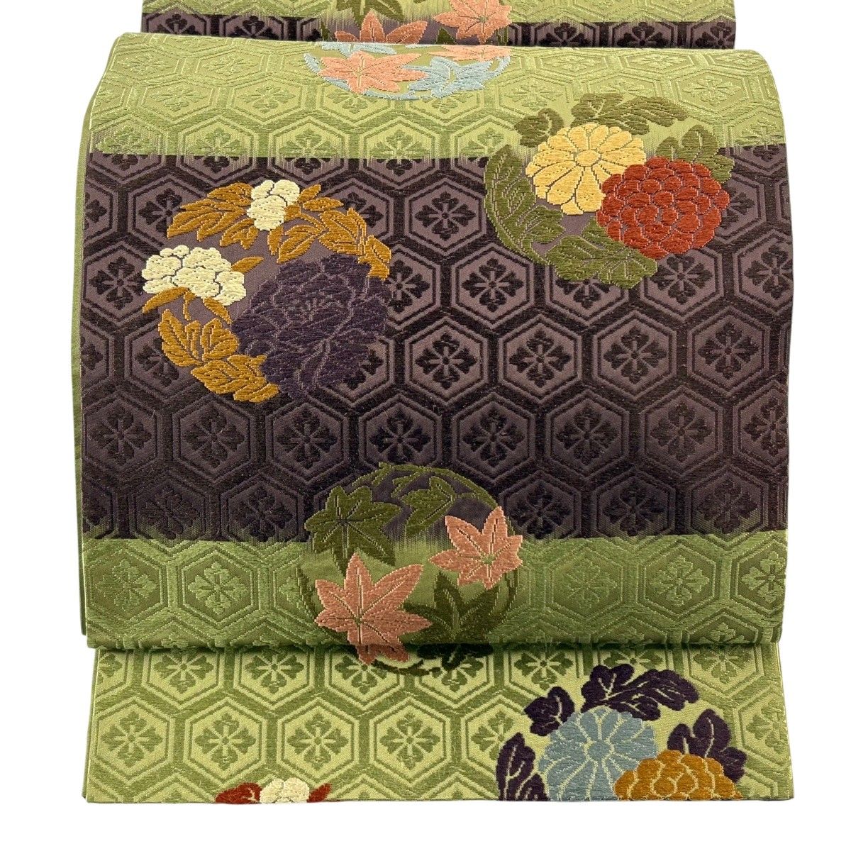 袋帯 秀品 花丸文 段縞 唐織 抹茶色 六通 正絹