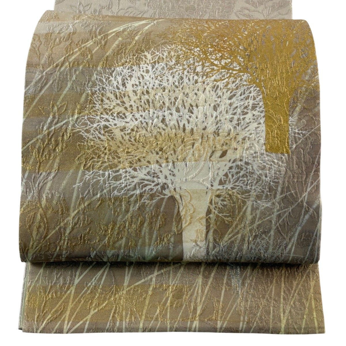 袋帯 秀品 落款 鳳翔 樹木 金銀彩 金通し 薄茶色 お太鼓柄 正絹