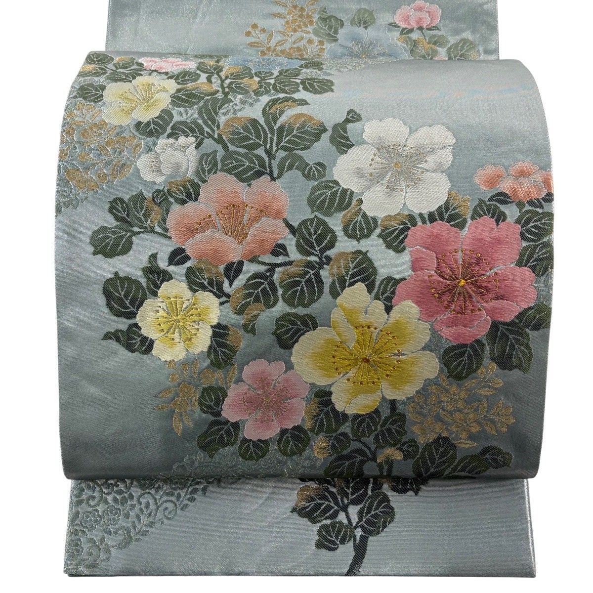 袋帯 秀品 草花 刺繍 箔 青緑 六通 正絹