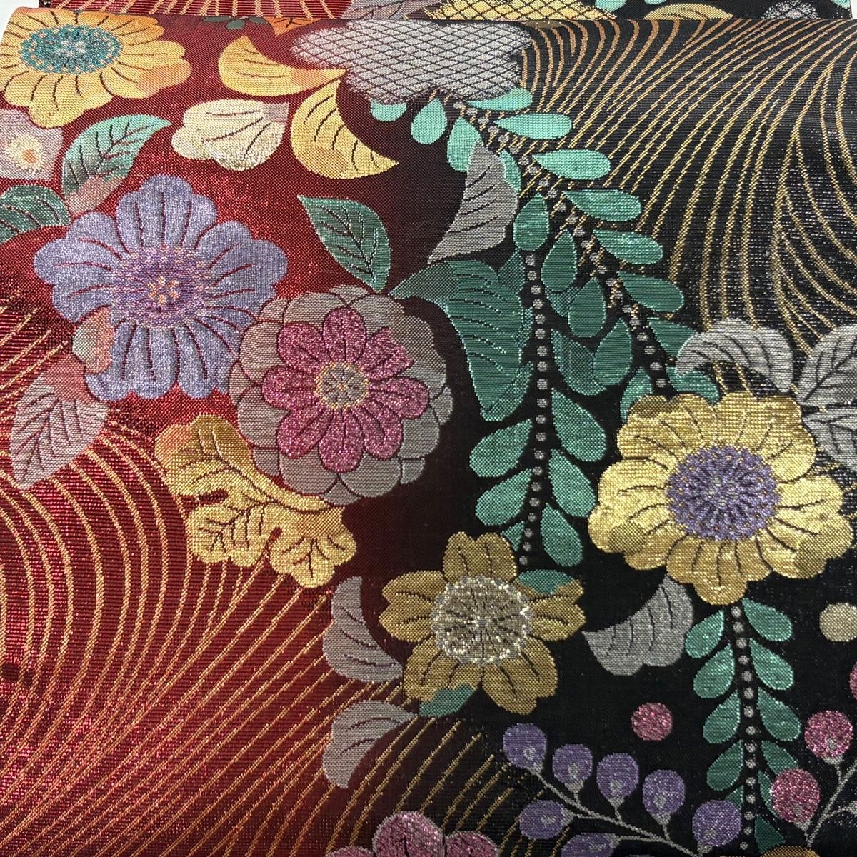 袋帯 秀品 辻が花柄 箔 赤黒 六通 正絹
