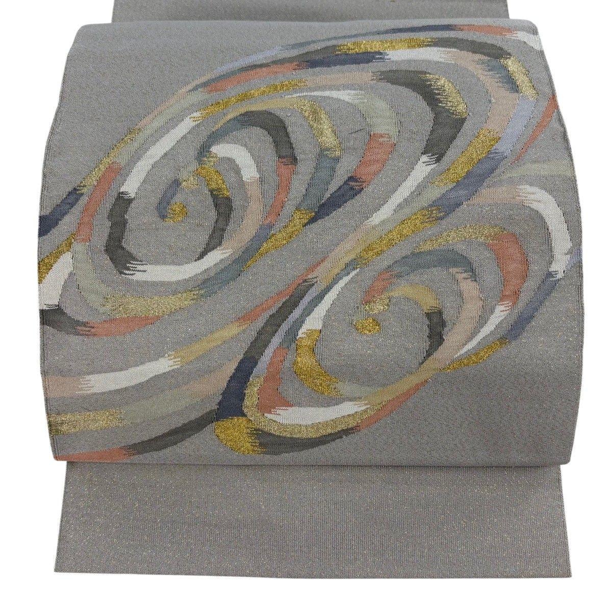 名古屋帯 秀品 八寸名古屋帯 松葉仕立て 幾何学 金糸 灰白 正絹