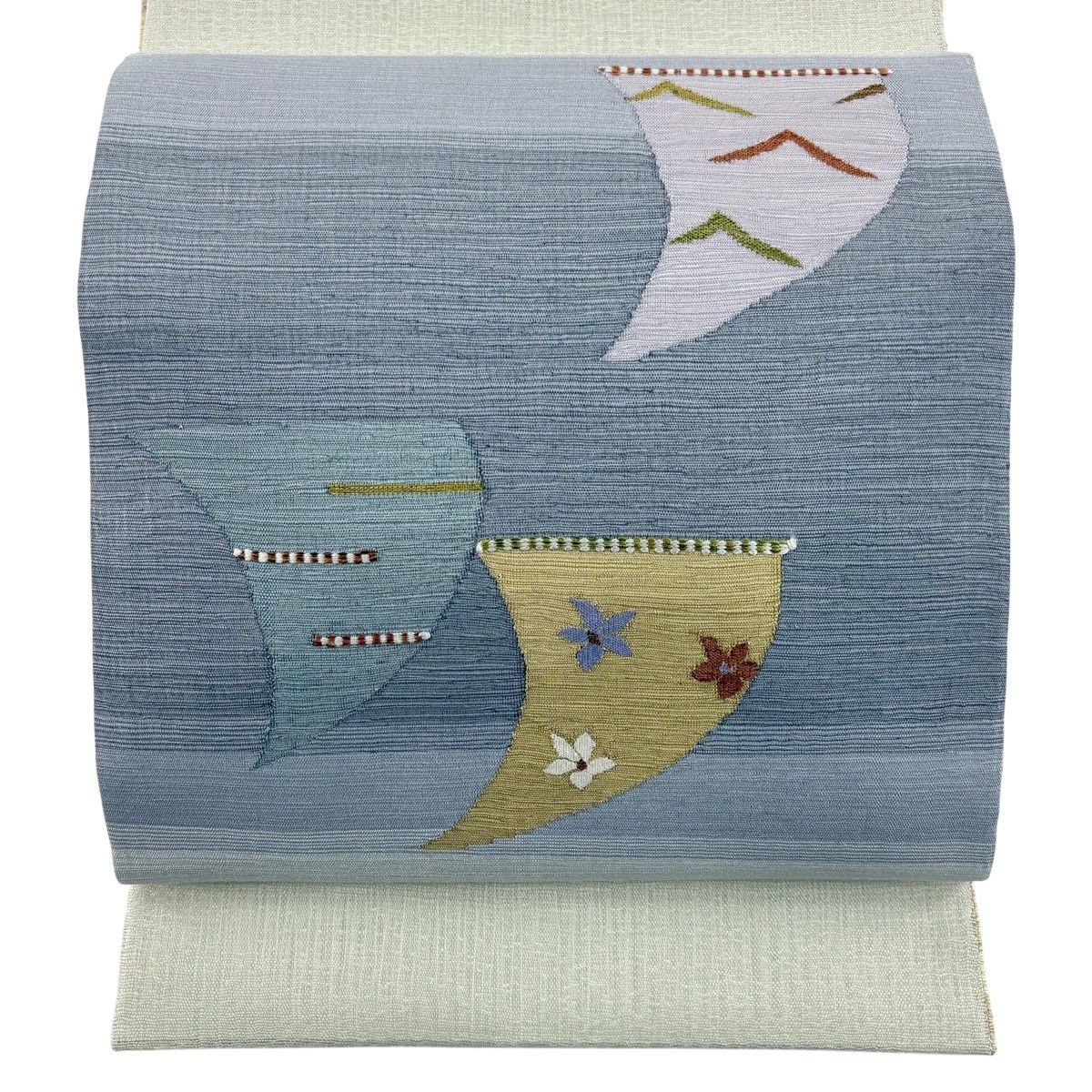 袋帯 秀品 夏帯 幾何学 花 灰色 お太鼓柄 正絹