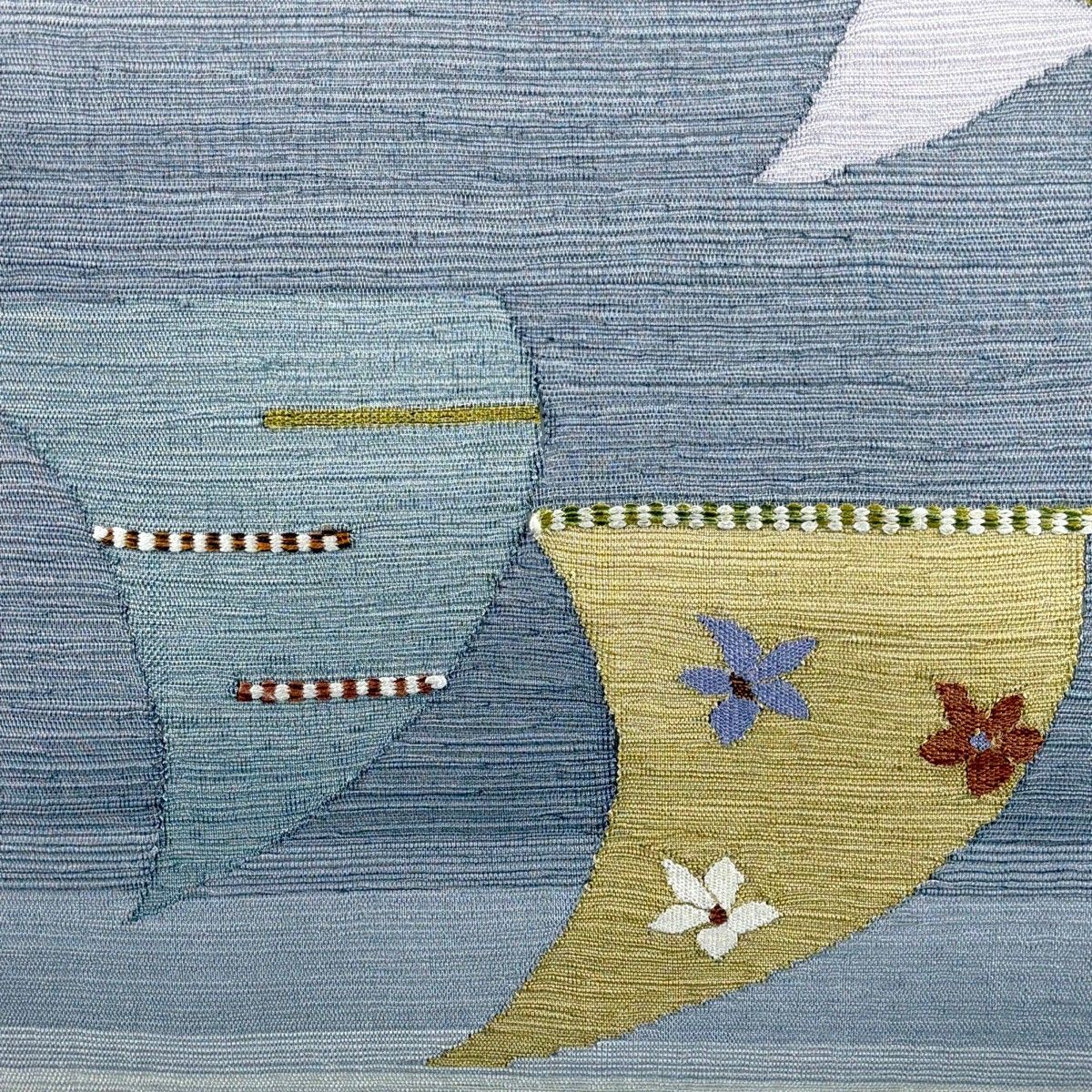 袋帯 秀品 夏帯 幾何学 花 灰色 お太鼓柄 正絹