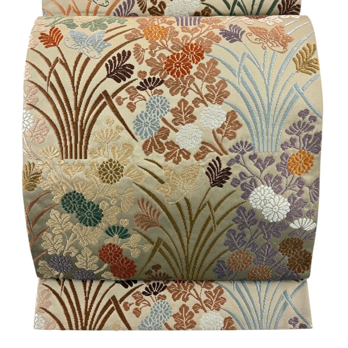 袋帯 秀品 草花 蝶 刺繍 灰茶 六通 正絹