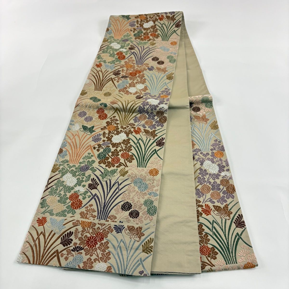  袋帯 秀品 草花 蝶 刺繍 灰茶 六通 正絹 袋帯 帯