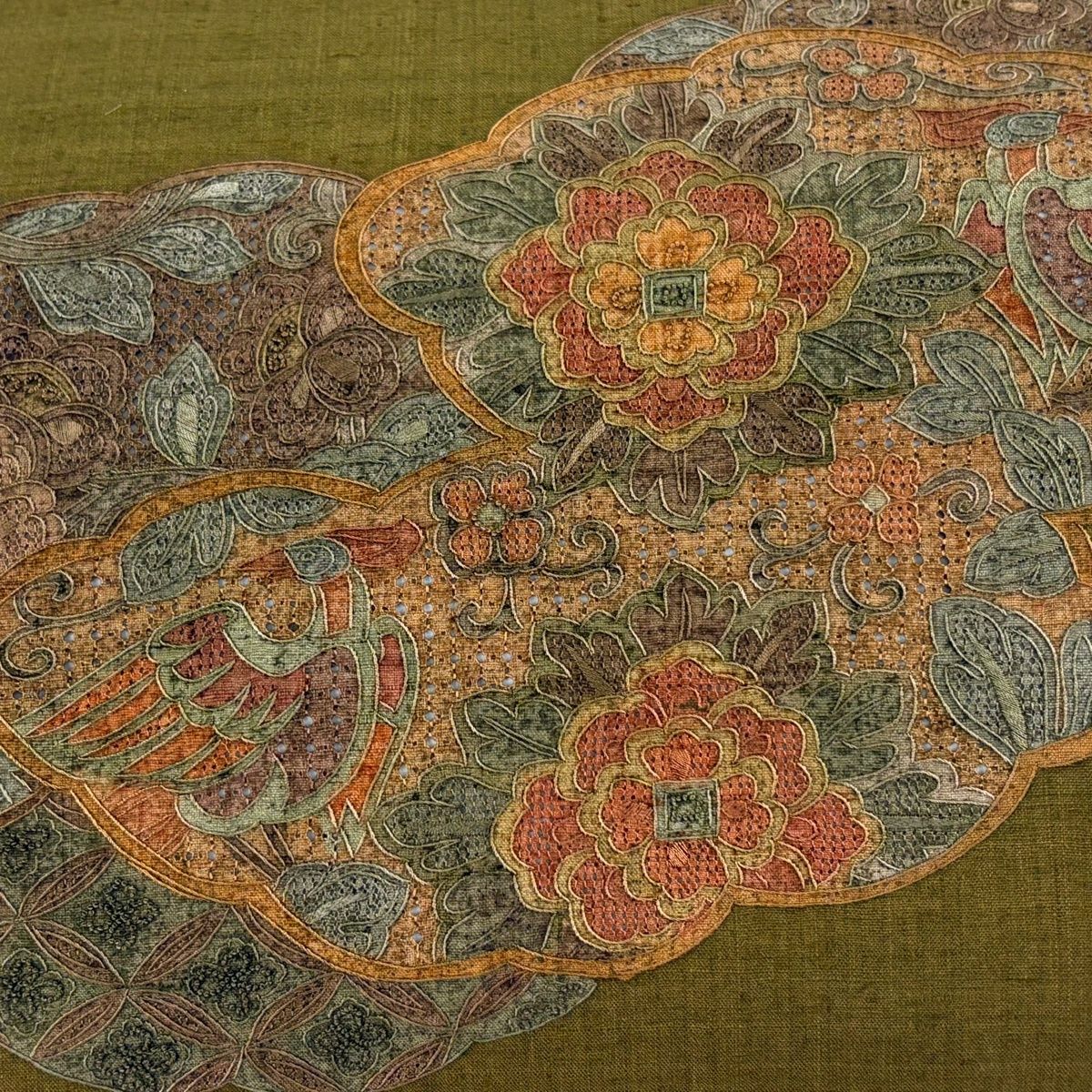 袋帯 秀品 紬地 華文 花鳥 刺繍 茶緑色 お太鼓柄 正絹