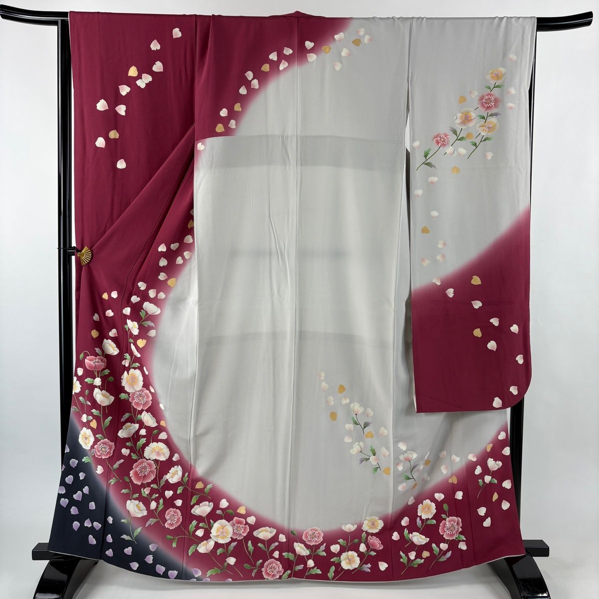 振袖 身丈163.5 cm 裄丈68 L 袷 草花 花びら 金彩 染め分け 赤紫 正絹 秀品