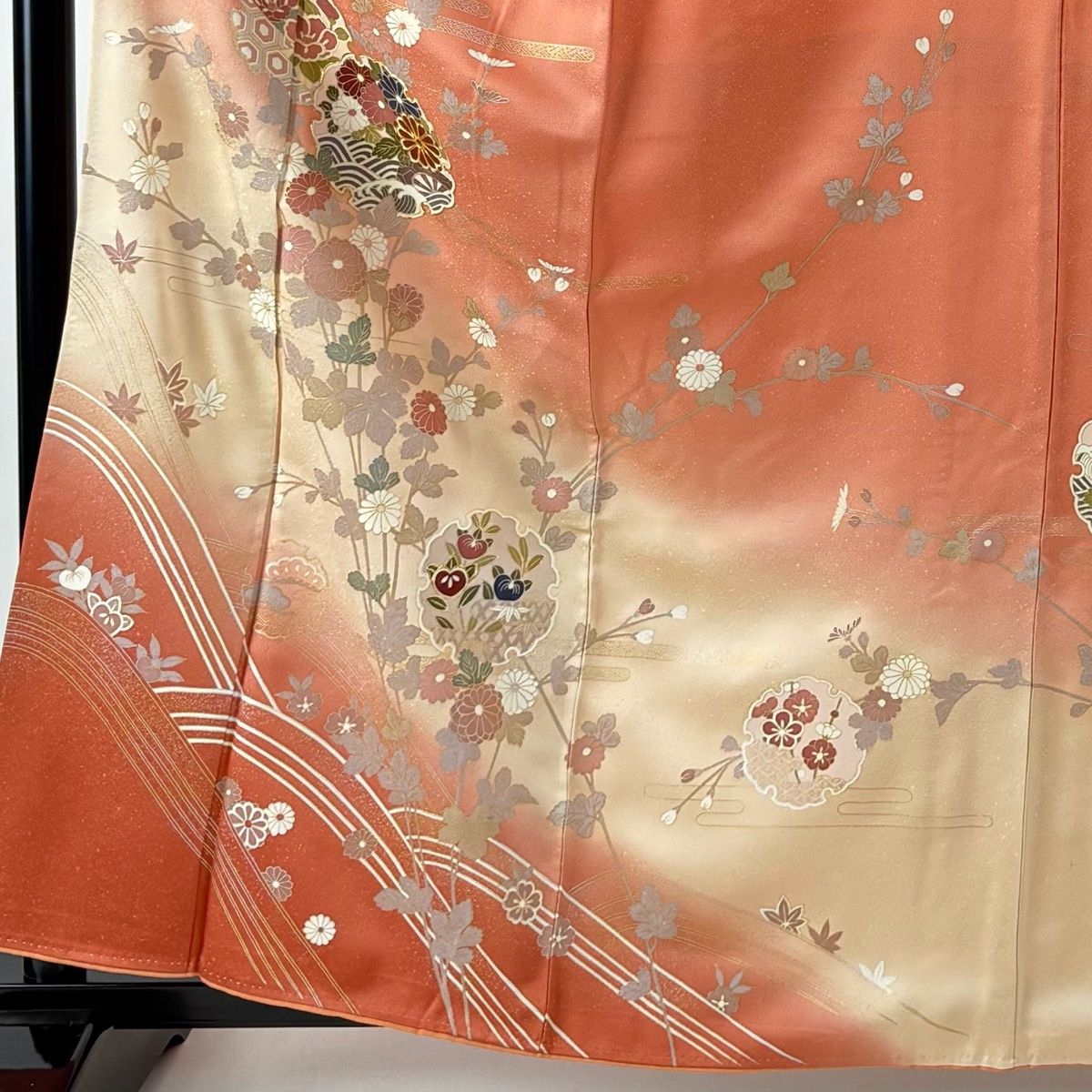訪問着 身丈161.5 cm 裄丈65.5 M 袷 雪輪 菊 金糸 金銀彩 サーモンピンク 正絹 秀品