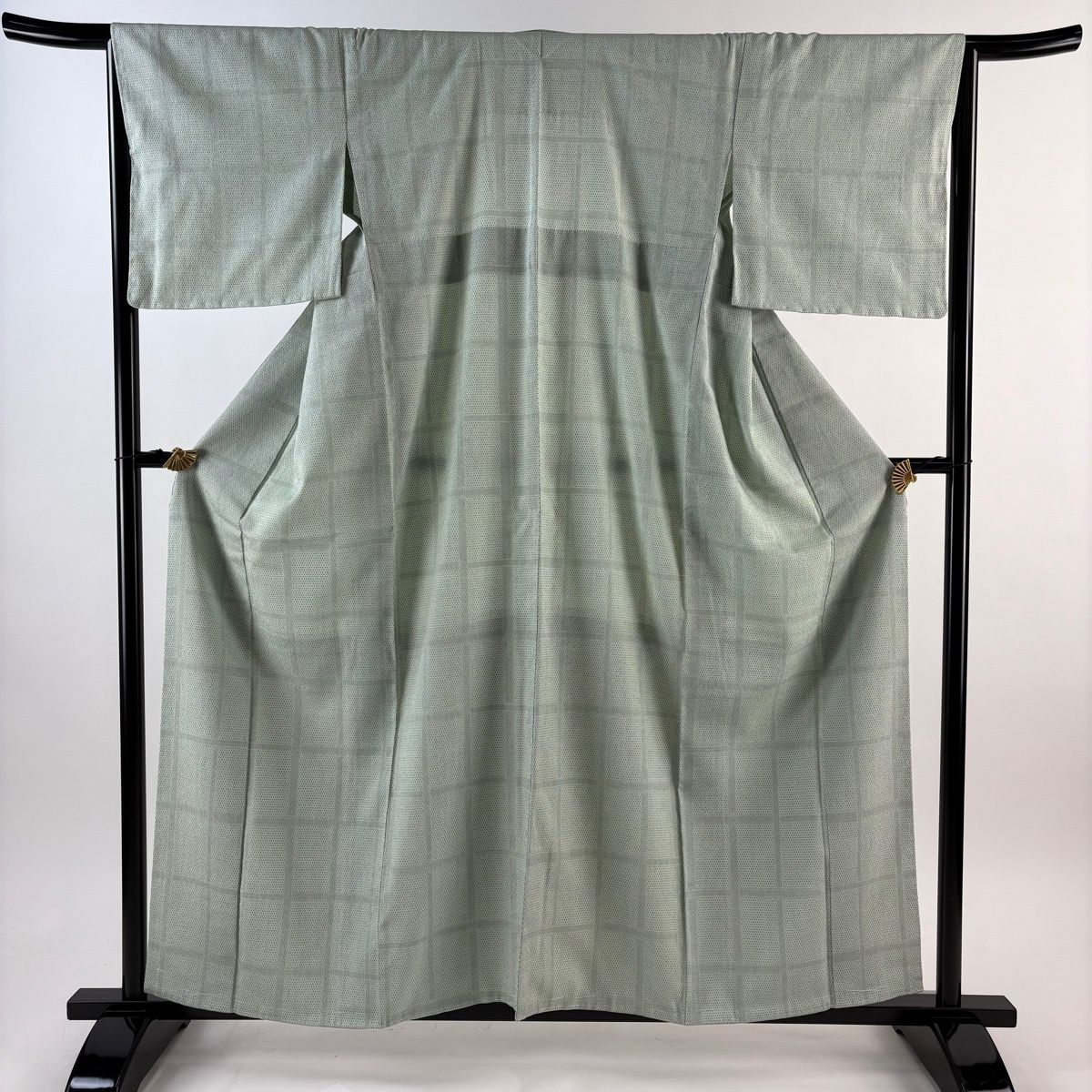 紬 身丈159 cm 裄丈65.5 M 袷 背抜き 証紙 格子 亀甲絣 薄緑 正絹 秀品