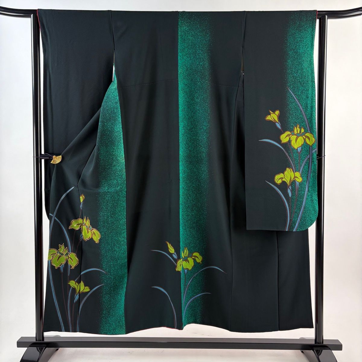 振袖 身丈151 cm 裄丈62.5 S 袷 菖蒲 金糸 刺繍 深緑 正絹 秀品