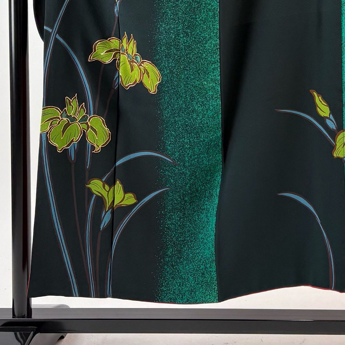 振袖 身丈151 cm 裄丈62.5 S 袷 菖蒲 金糸 刺繍 深緑 正絹 秀品