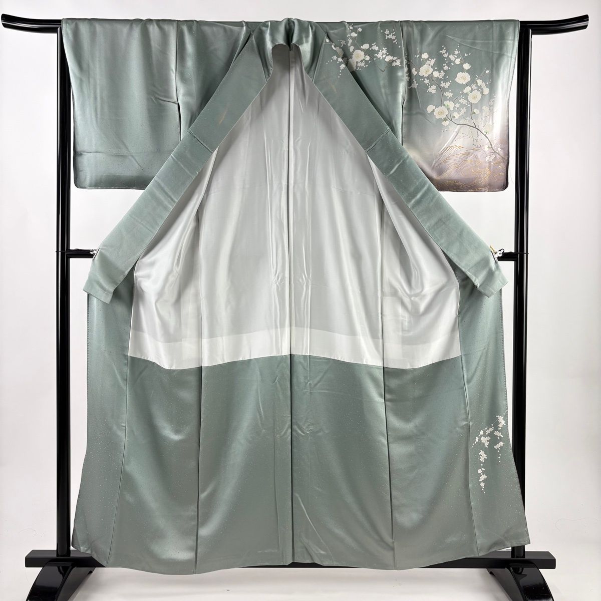  訪問着 身丈158 cm 裄丈65 M 袷 枝梅 流水 金彩 ぼかし 薄緑 正絹 秀品 訪問着 付け下げ 着物