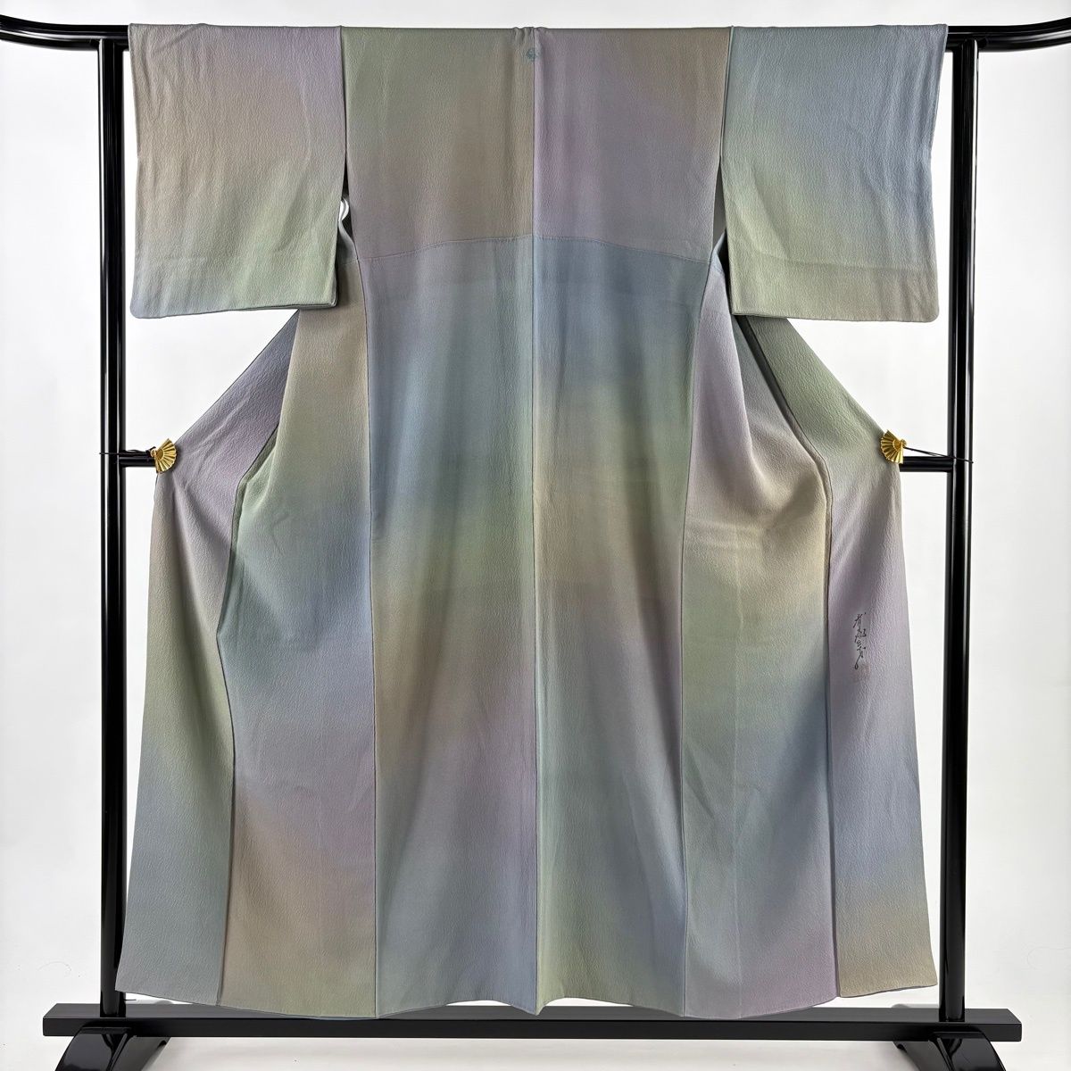 小紋 身丈153.5 cm 裄丈63 S 袷 斉藤三才 落款 ぼかし柄 縮緬 灰緑 正絹 秀品 一つ紋
