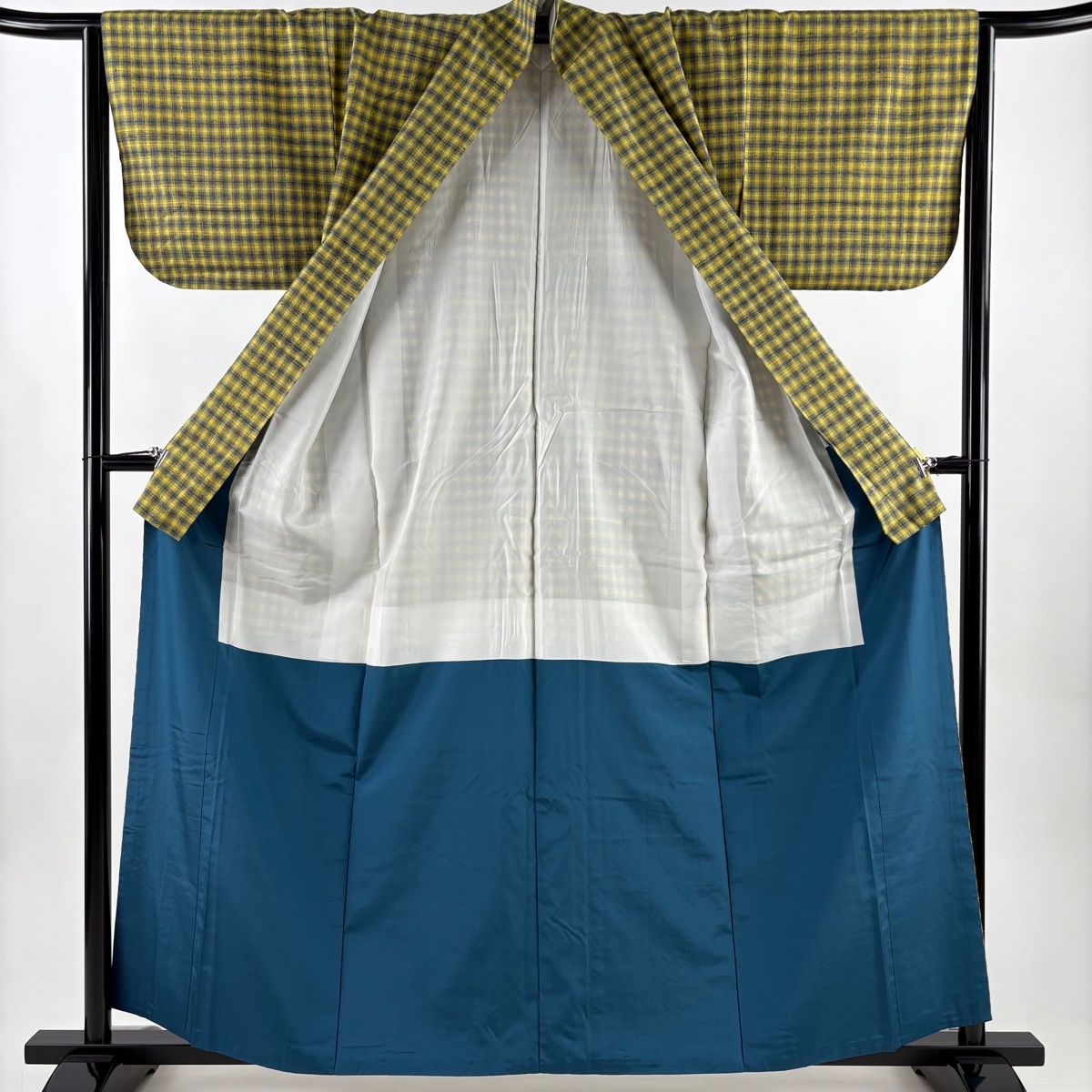  紬 身丈159.5 cm 裄丈64.5 M 袷 格子 黄色 正絹 秀品 紬 着物