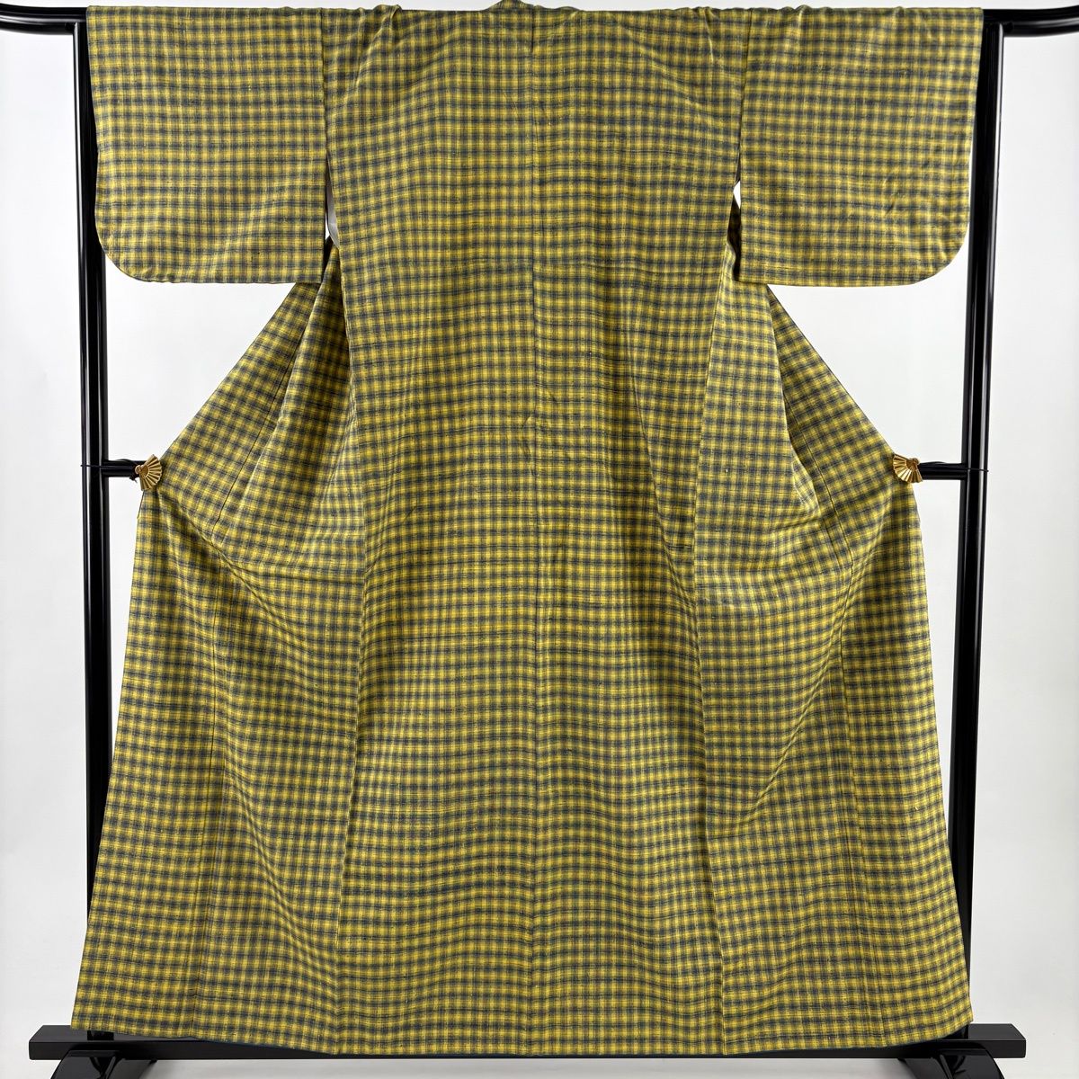 紬 身丈159.5 cm 裄丈64.5 M 袷 格子 黄色 正絹 秀品