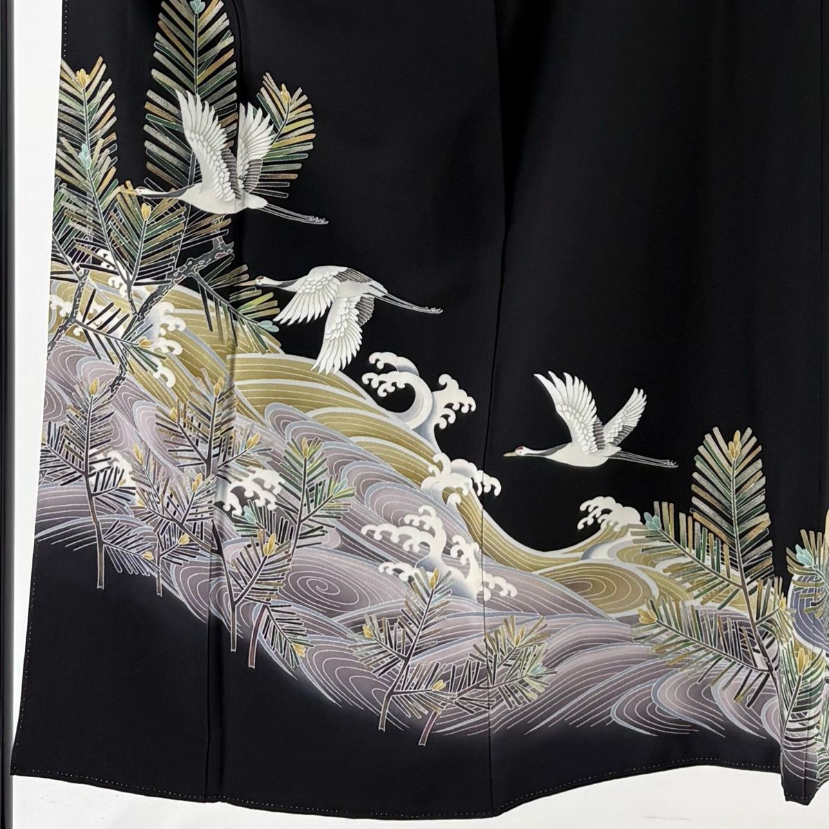 黒留袖 身丈150 cm 裄丈63.5 S 袷 十日町友禅 村松竜介 落款 若松 鶴 黒 正絹 秀品