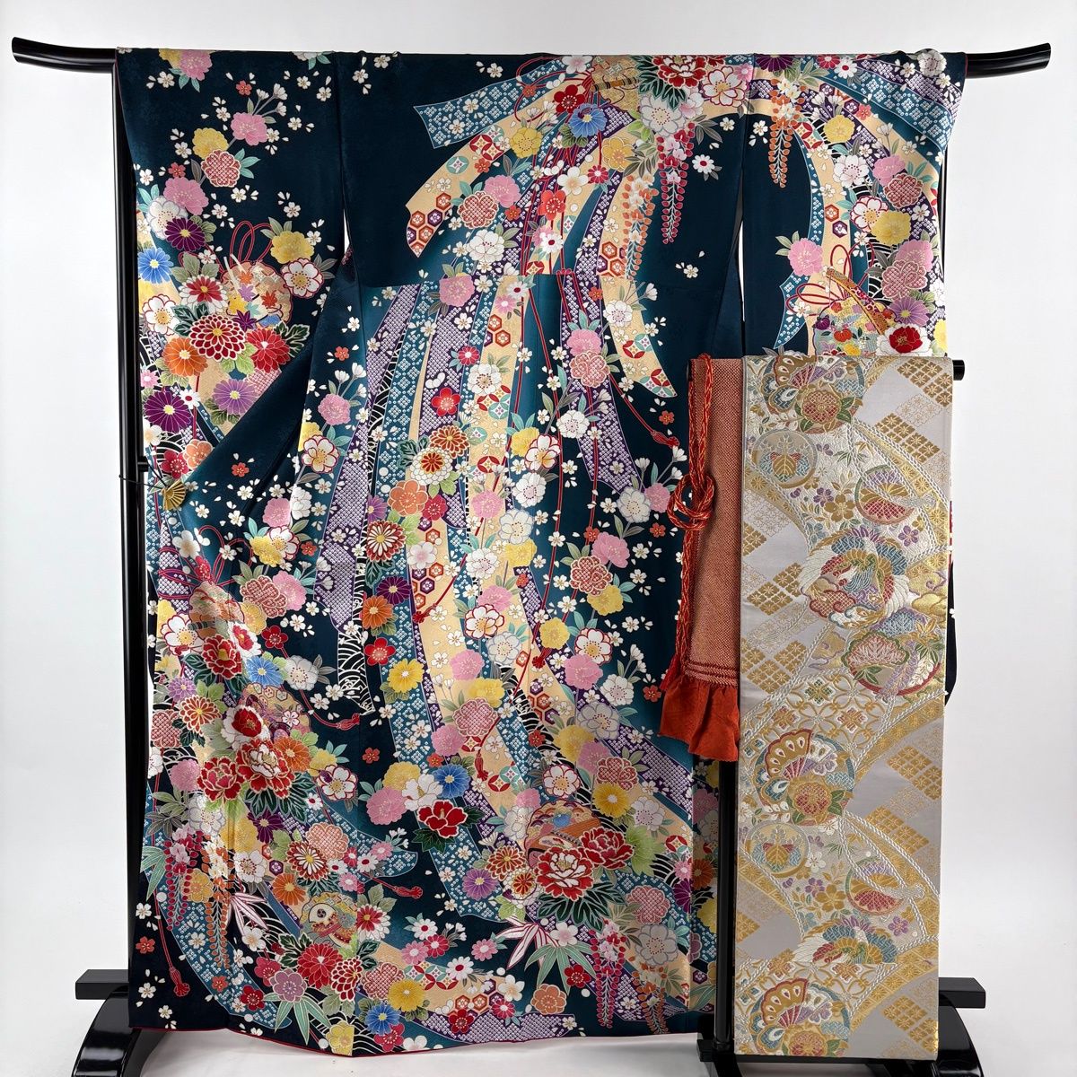 振袖 身丈168 cm 裄丈68 L 袷 袋帯フルセット 雪輪 草花 金彩 深緑 正絹 名品