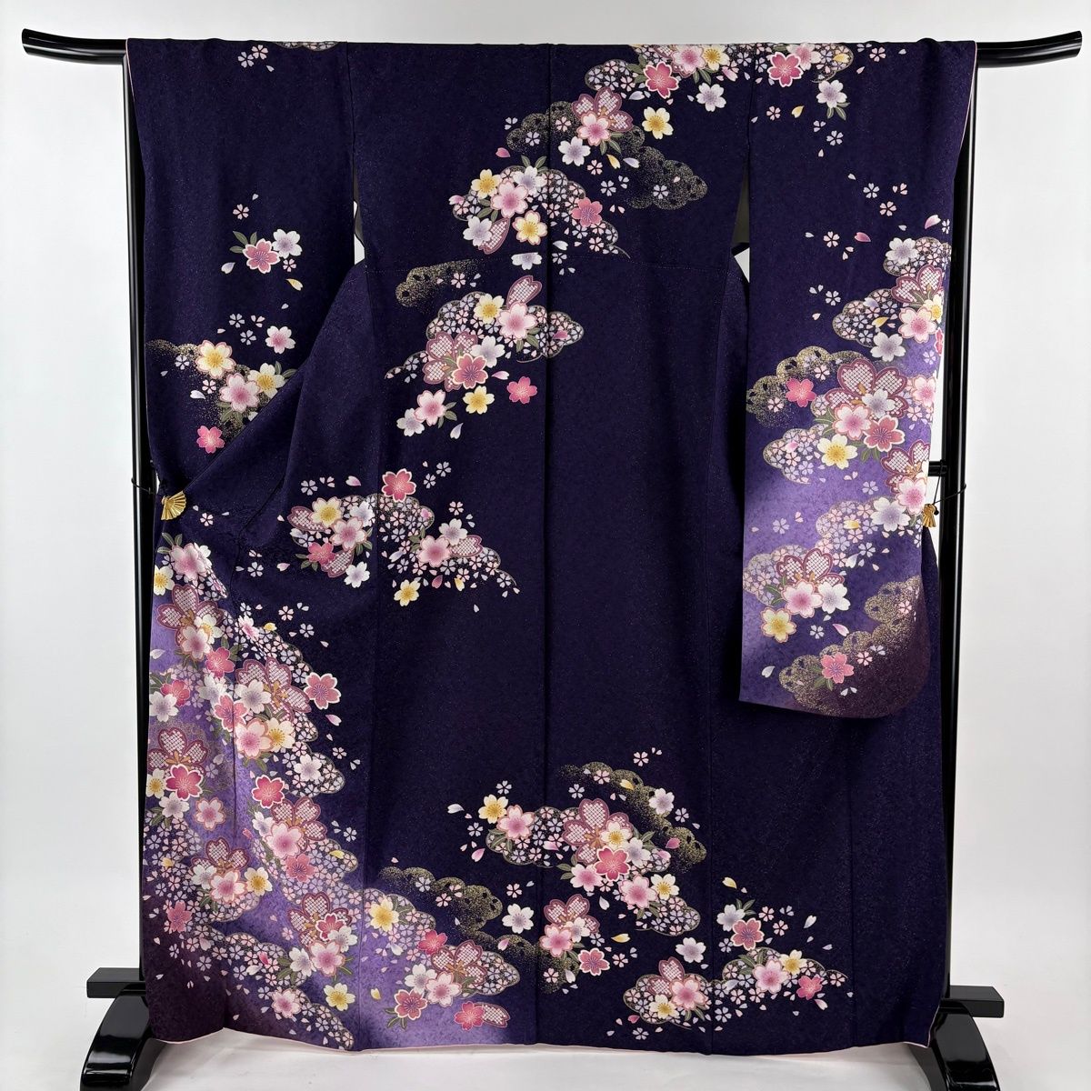  振袖 身丈168 cm 裄丈67 M 袷 袋帯フルセット 桜 雲文 箔 銀通し 濃紫 正絹 名品 振袖 着物