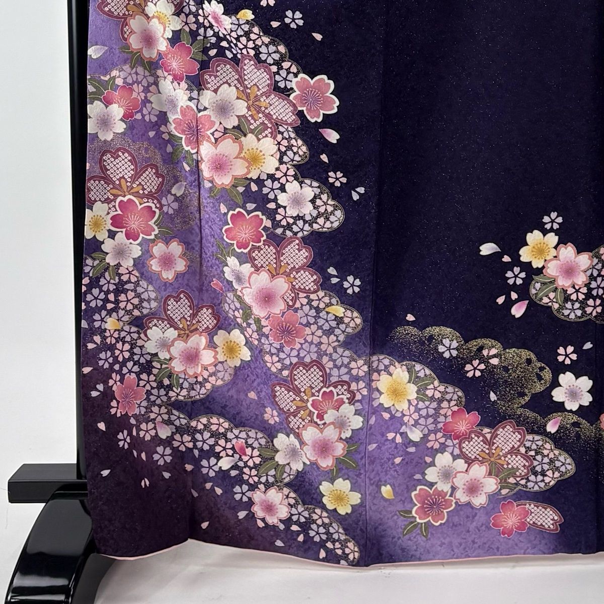 振袖 身丈168 cm 裄丈67 M 袷 袋帯フルセット 桜 雲文 箔 銀通し 濃紫 正絹 名品