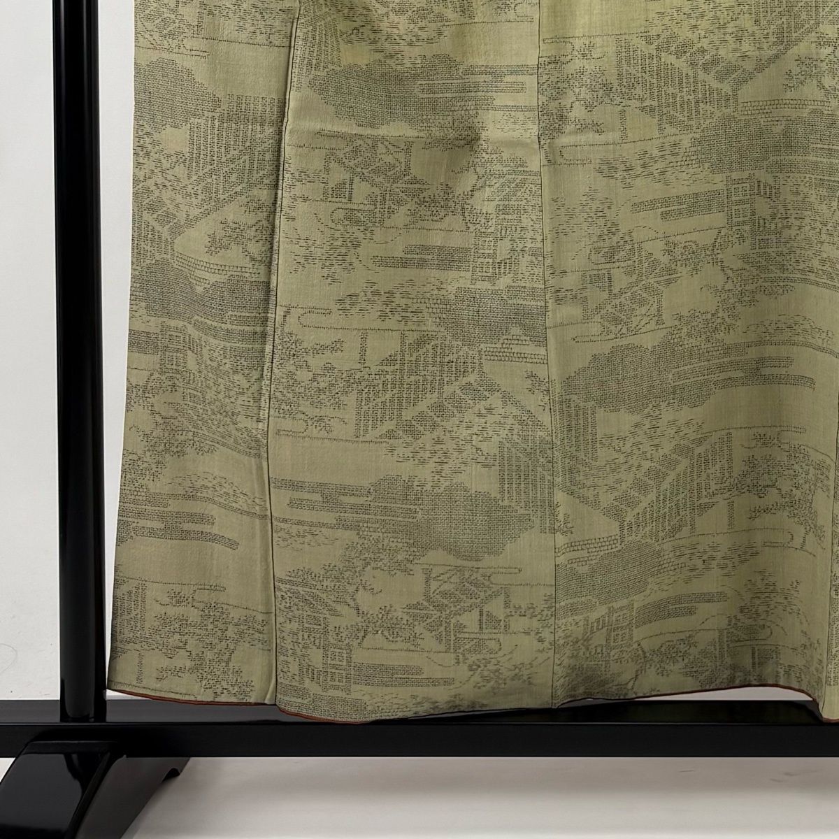 結城紬 身丈158.5 cm 裄丈65 M 袷 本場結城紬 100亀甲 証紙 雲文 霞 灰緑 正絹