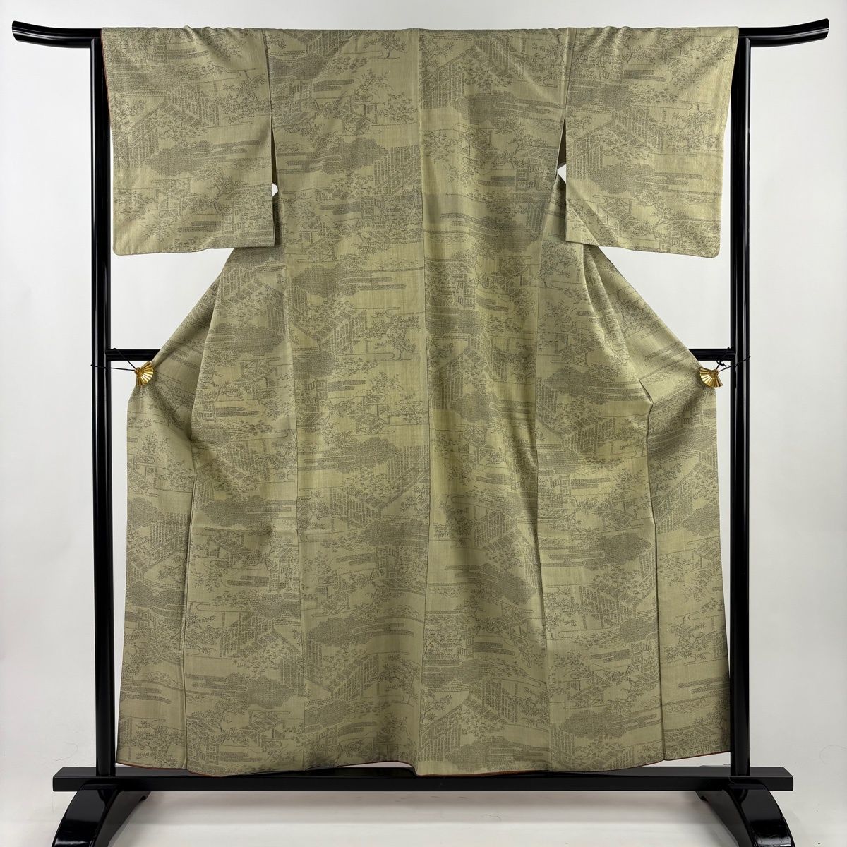 結城紬 身丈158.5 cm 裄丈65 M 袷 本場結城紬 100亀甲 証紙 雲文 霞 灰緑 正絹