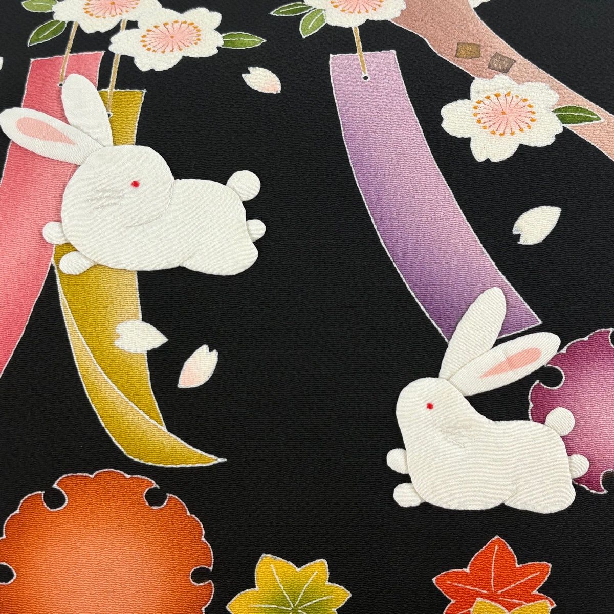 名古屋帯 ホリヒロシ 落款 うさぎ 短冊 金彩 縮緬 黒 正絹