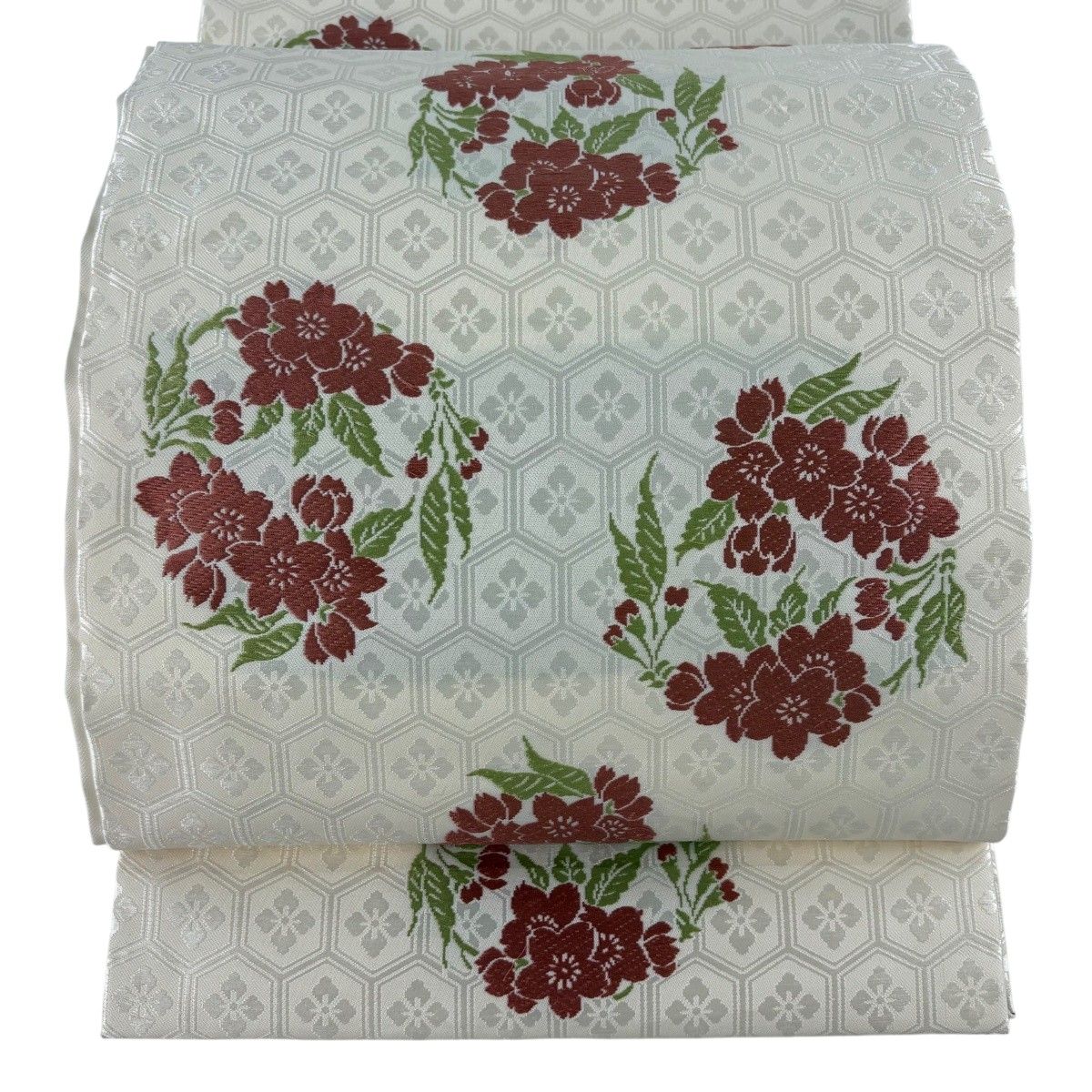 開き名古屋帯 人間国宝 喜多川平朗 桜 亀甲 刺繍 クリーム 正絹