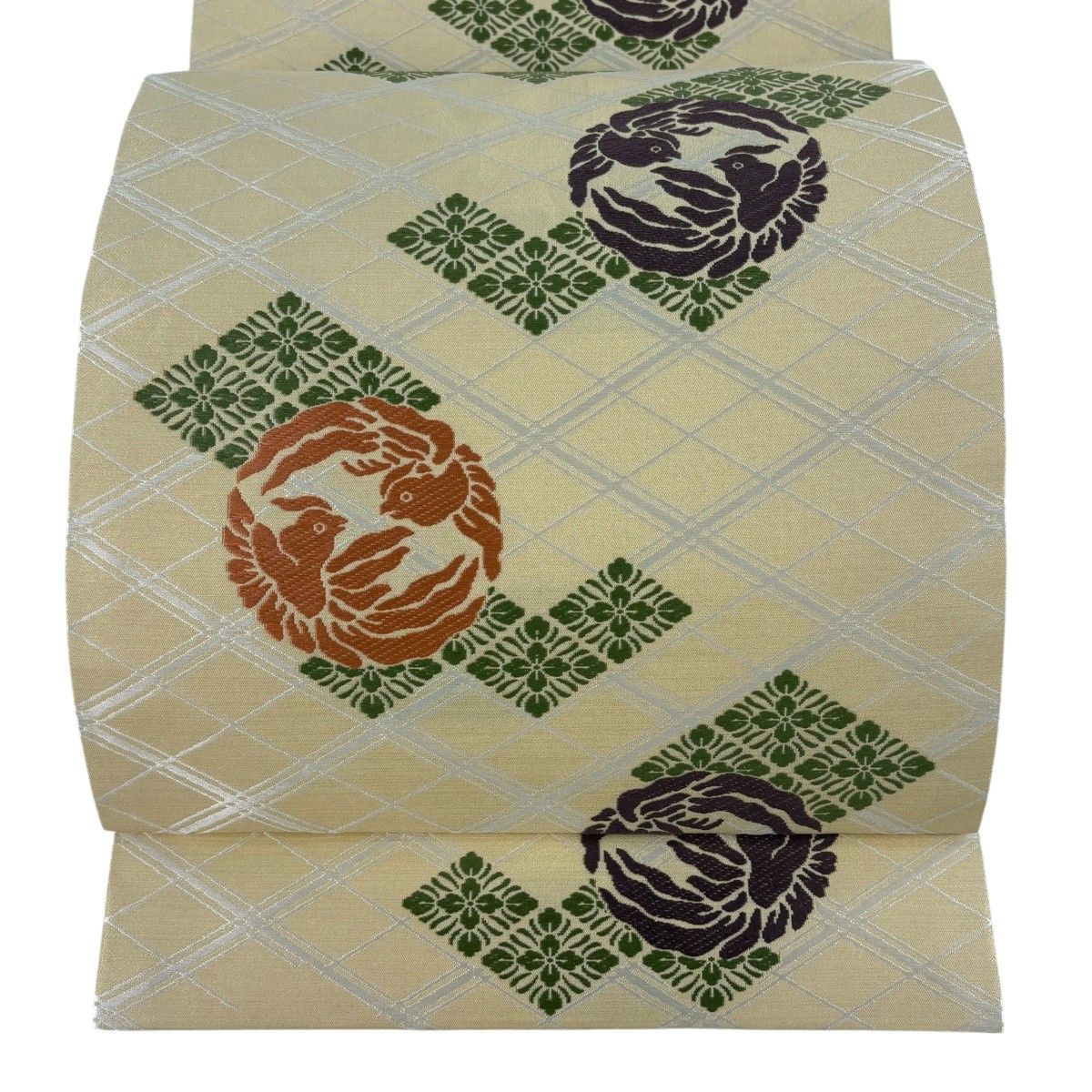 袋帯 人間国宝 喜多川平朗 鳥 花菱 刺繍 ベージュ 六通 正絹