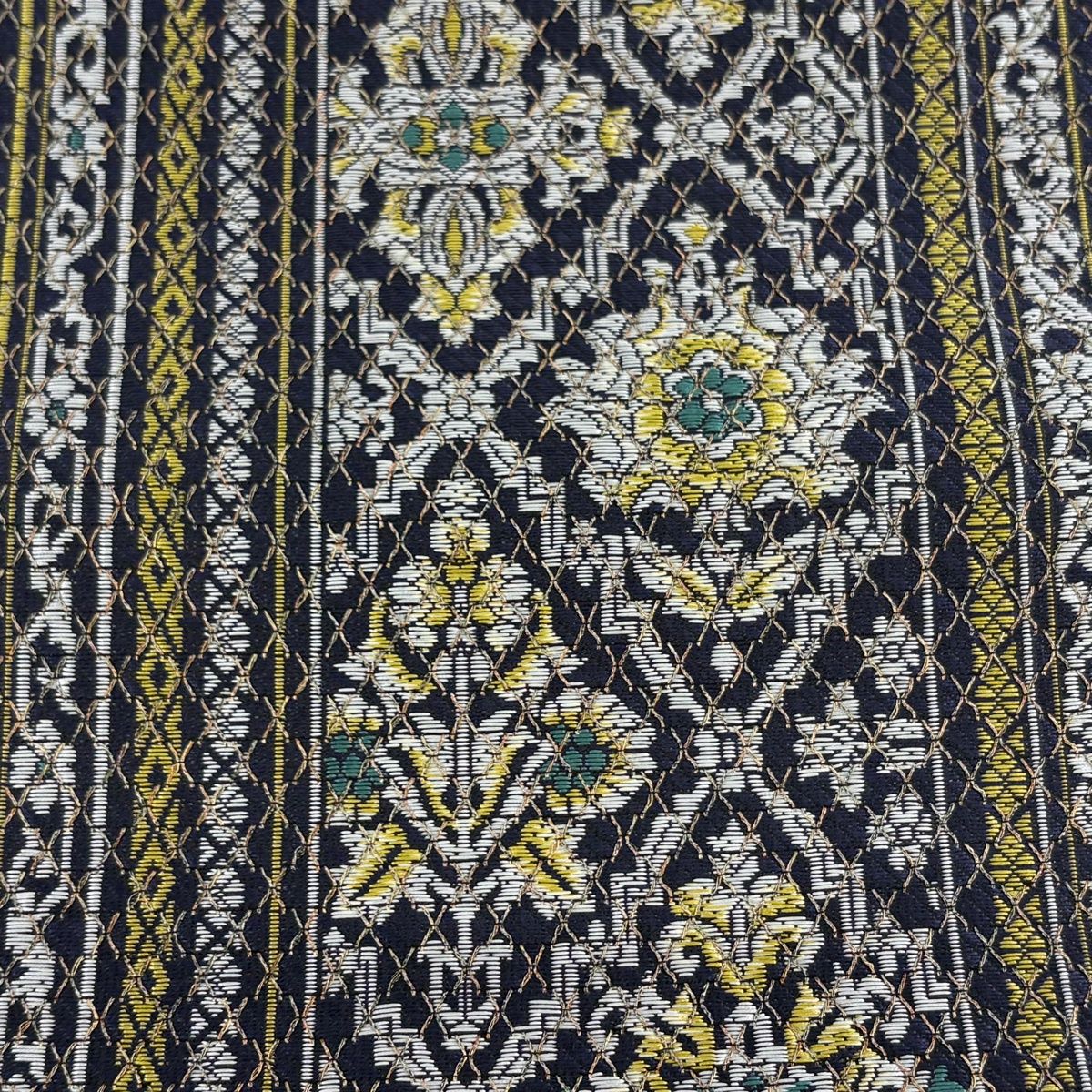 名古屋帯 松葉仕立て 八寸名古屋帯 草花 縞 金糸 博多織 紺色 正絹