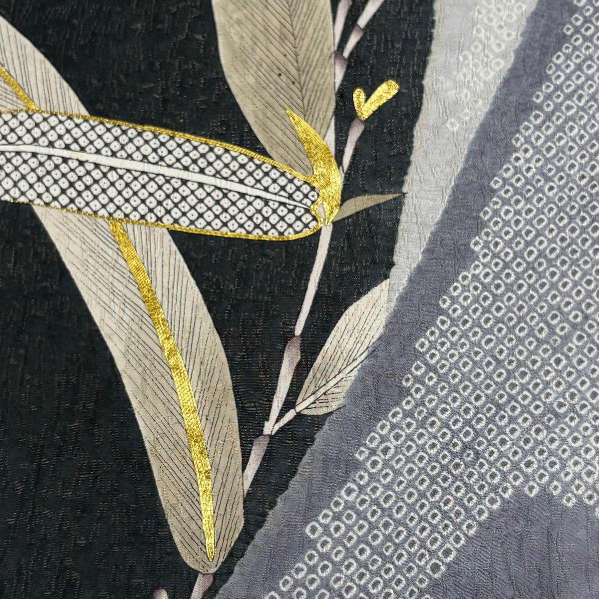 袋帯 青柳 落款 大喜百花 葉柄 金糸 絞り 墨色 お太鼓柄 正絹