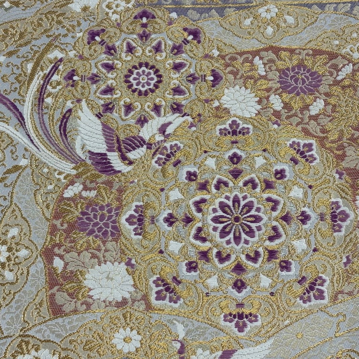 袋帯 じゅらく 落款 じゅらく帝王紫 華文 鳳凰 金糸 箔 青灰色 六通 正絹