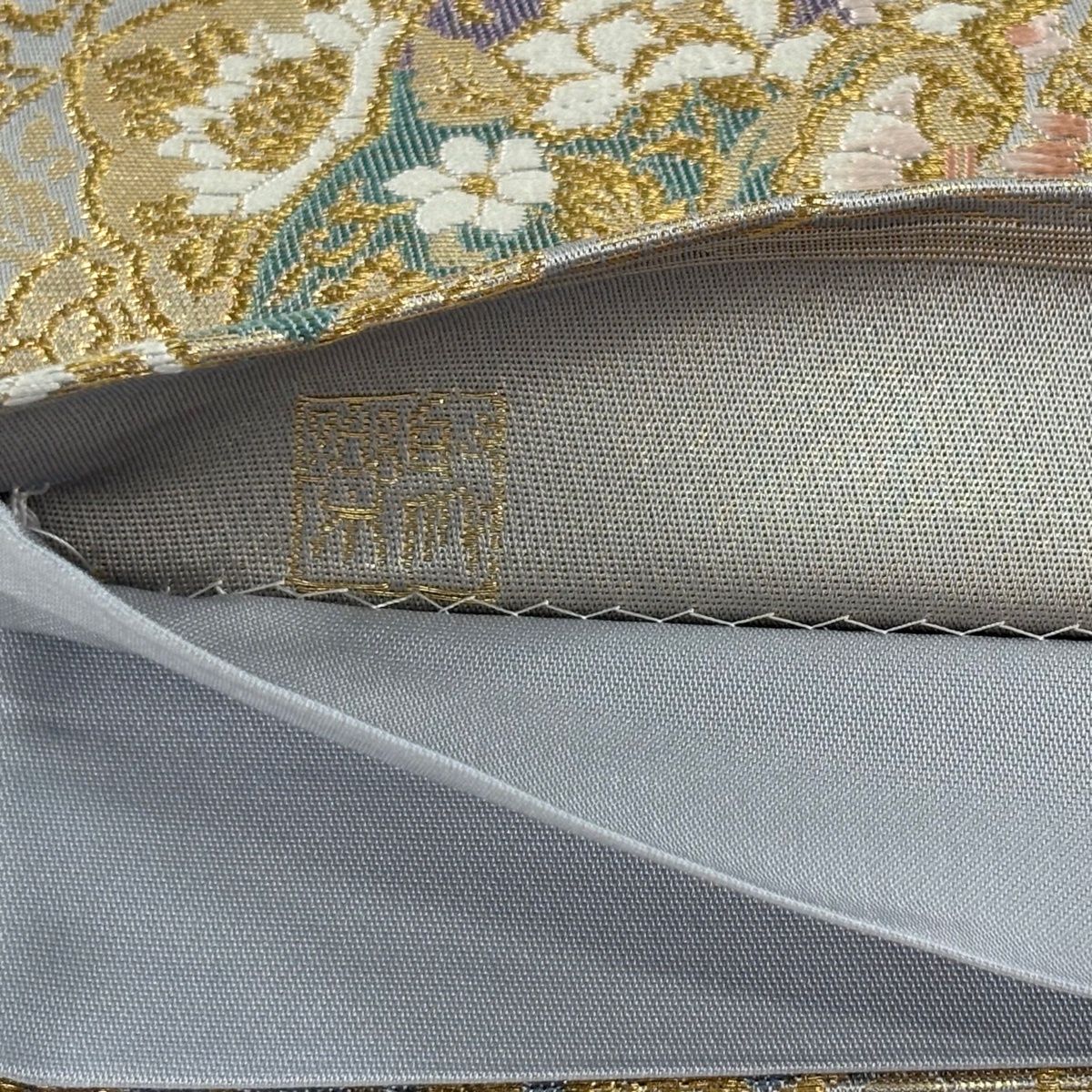  袋帯 じゅらく 落款 じゅらく帝王紫 華文 鳳凰 金糸 箔 青灰色 六通 正絹 袋帯 帯