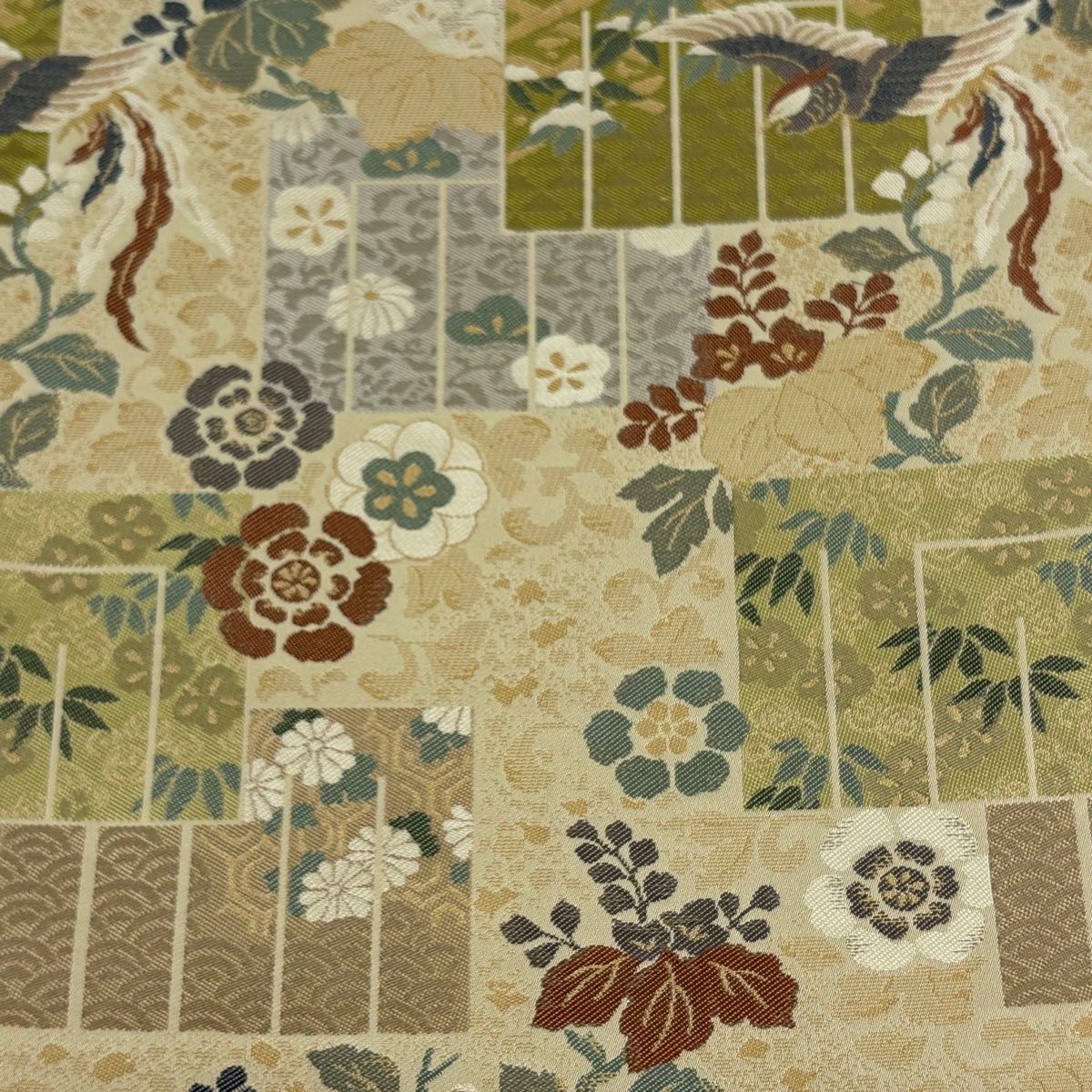 袋帯 証紙 源氏香 花鳥 金糸 薄茶色 六通 正絹