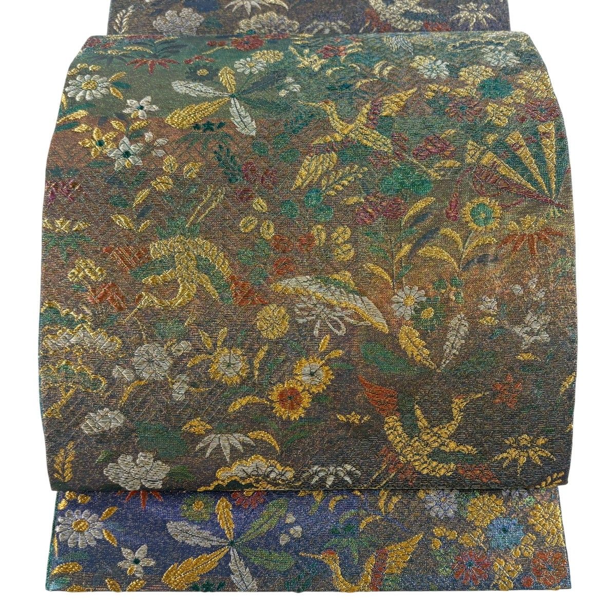 袋帯 佐波理 落款 松竹梅 鶴 箔 茶色 六通 正絹