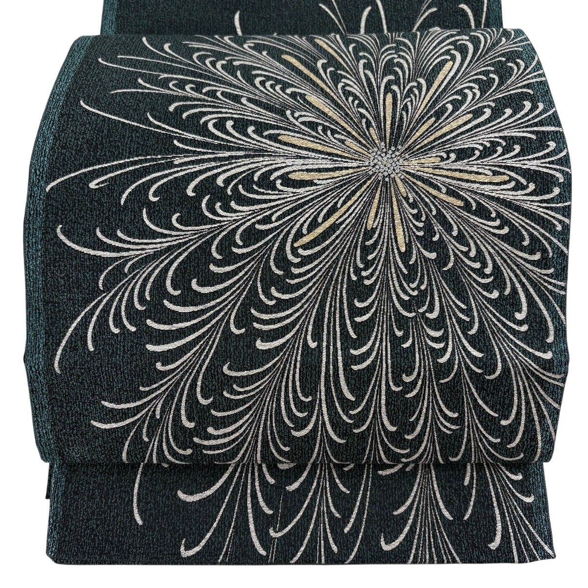 袋帯 長嶋成織物 証紙 花 箔 深緑 お太鼓柄 正絹